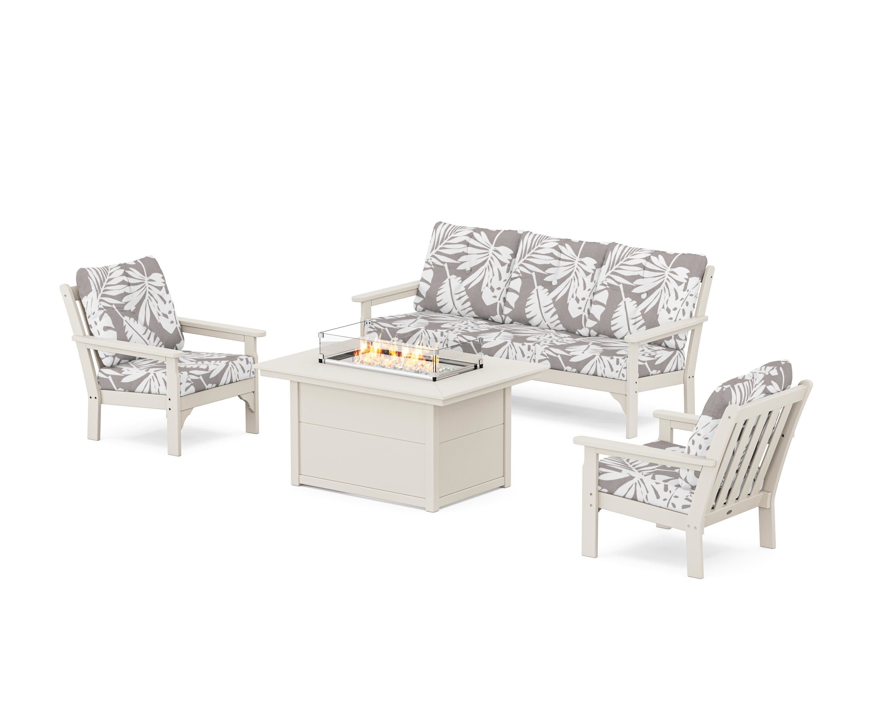 Vineyard Deep Seating Fire Pit Table Set in Sand / Leaf Grey Mist