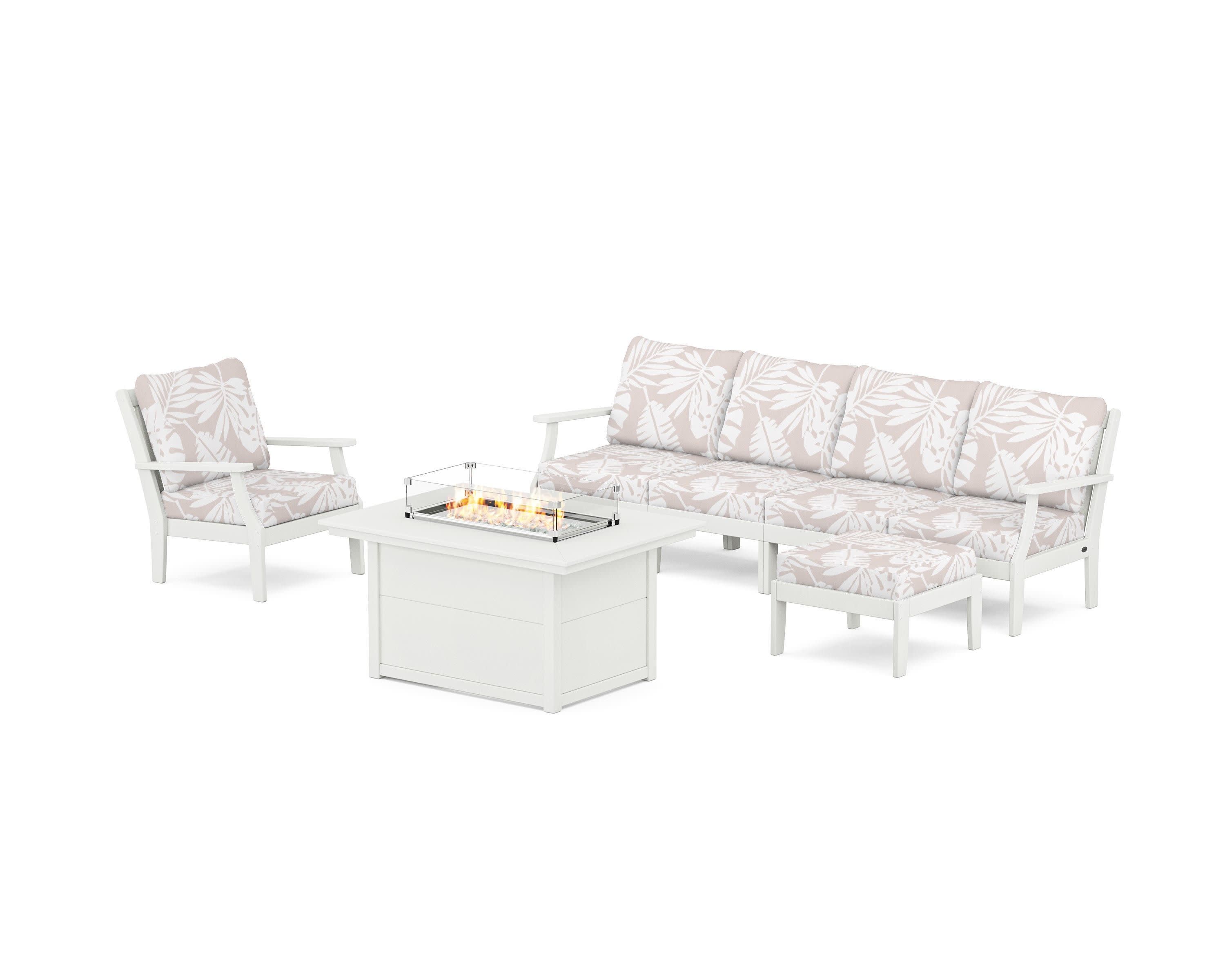 Braxton Sectional Lounge and Fire Pit Set in Vintage White / Leaf Dune Burlap