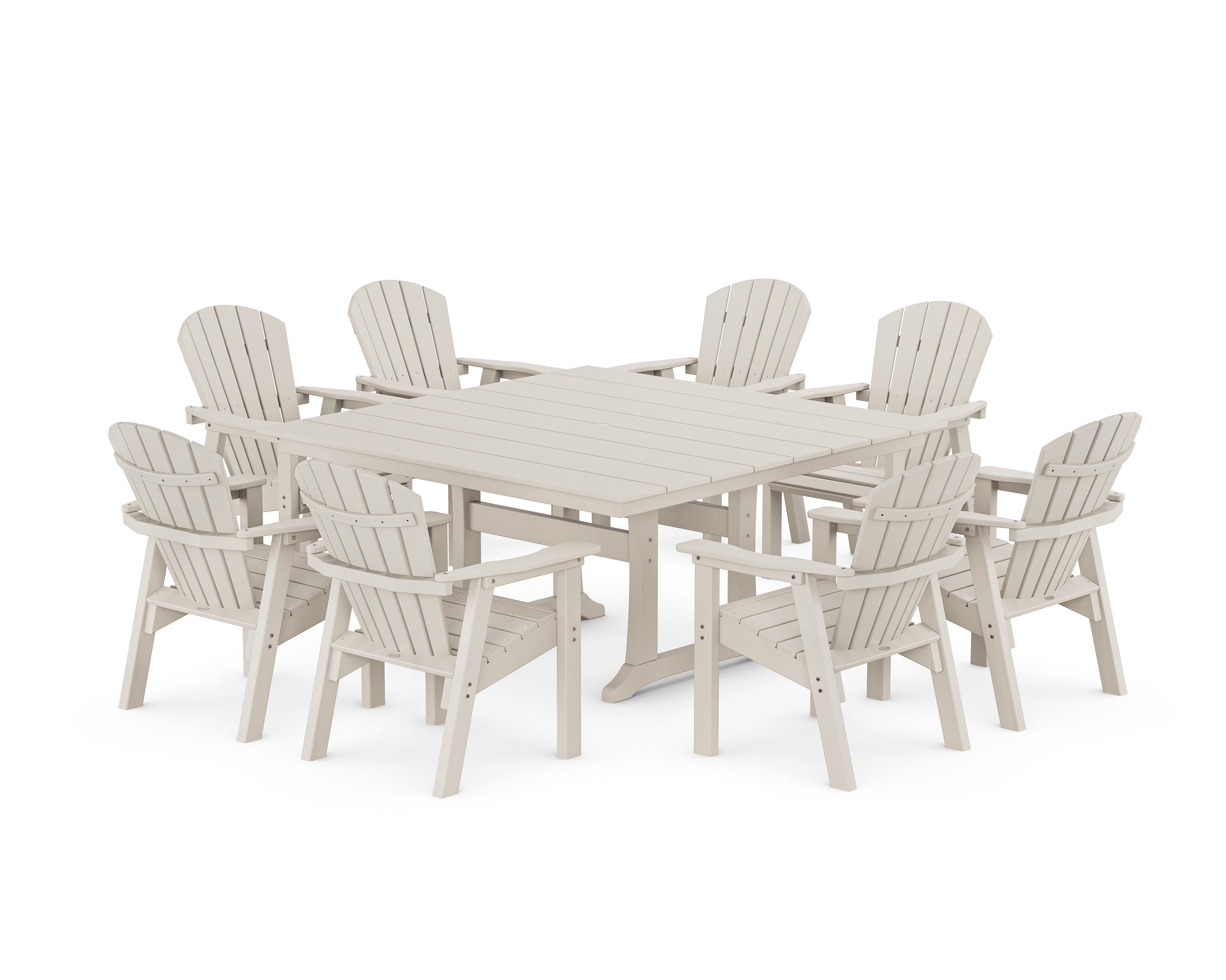 Seashell 9-Piece Square Farmhouse Dining Set with Trestle Legs in Sand