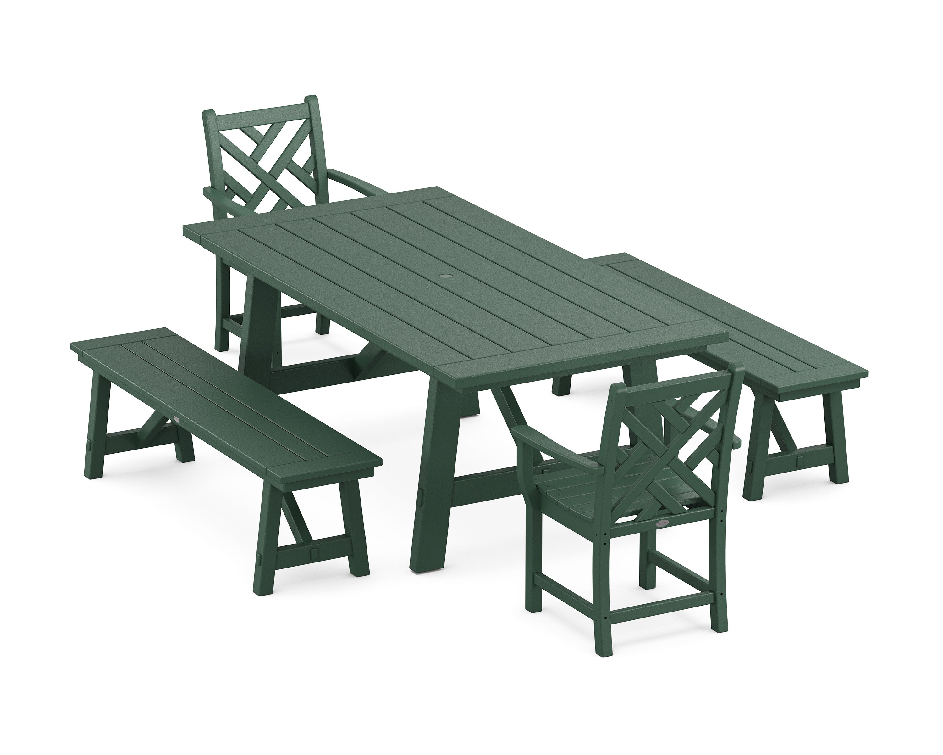 Chippendale 5-Piece Rustic Farmhouse Dining Set With Benches in Green