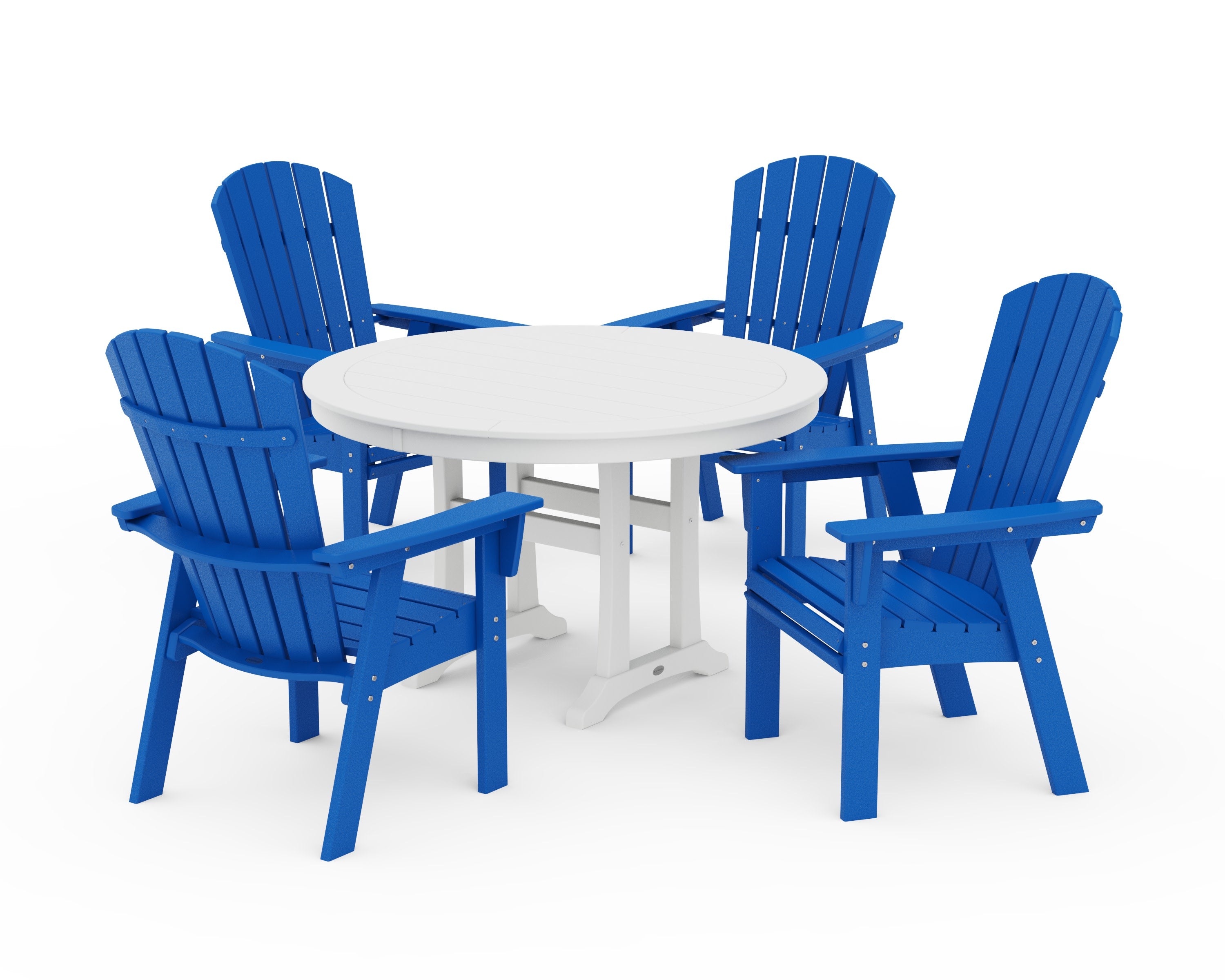 Nautical Curveback Adirondack 5-Piece Round Dining Set with Trestle Legs in Pacific Blue / White