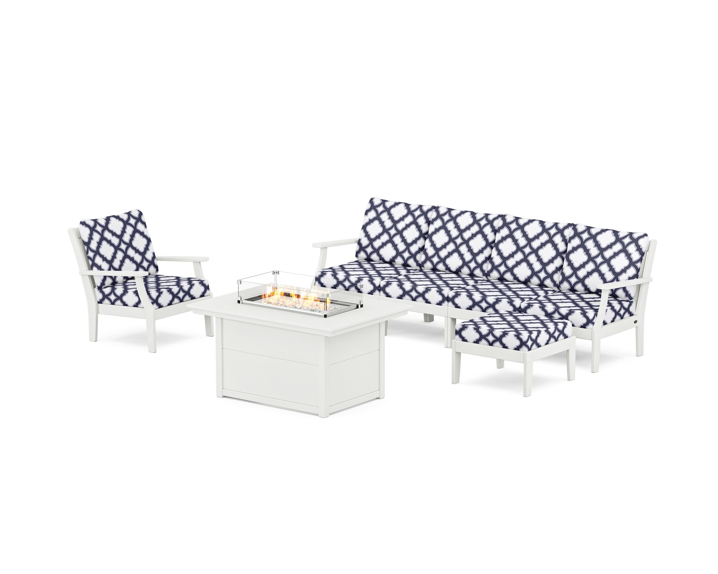 Braxton Sectional Lounge and Fire Pit Set in Vintage White / Trellis Navy