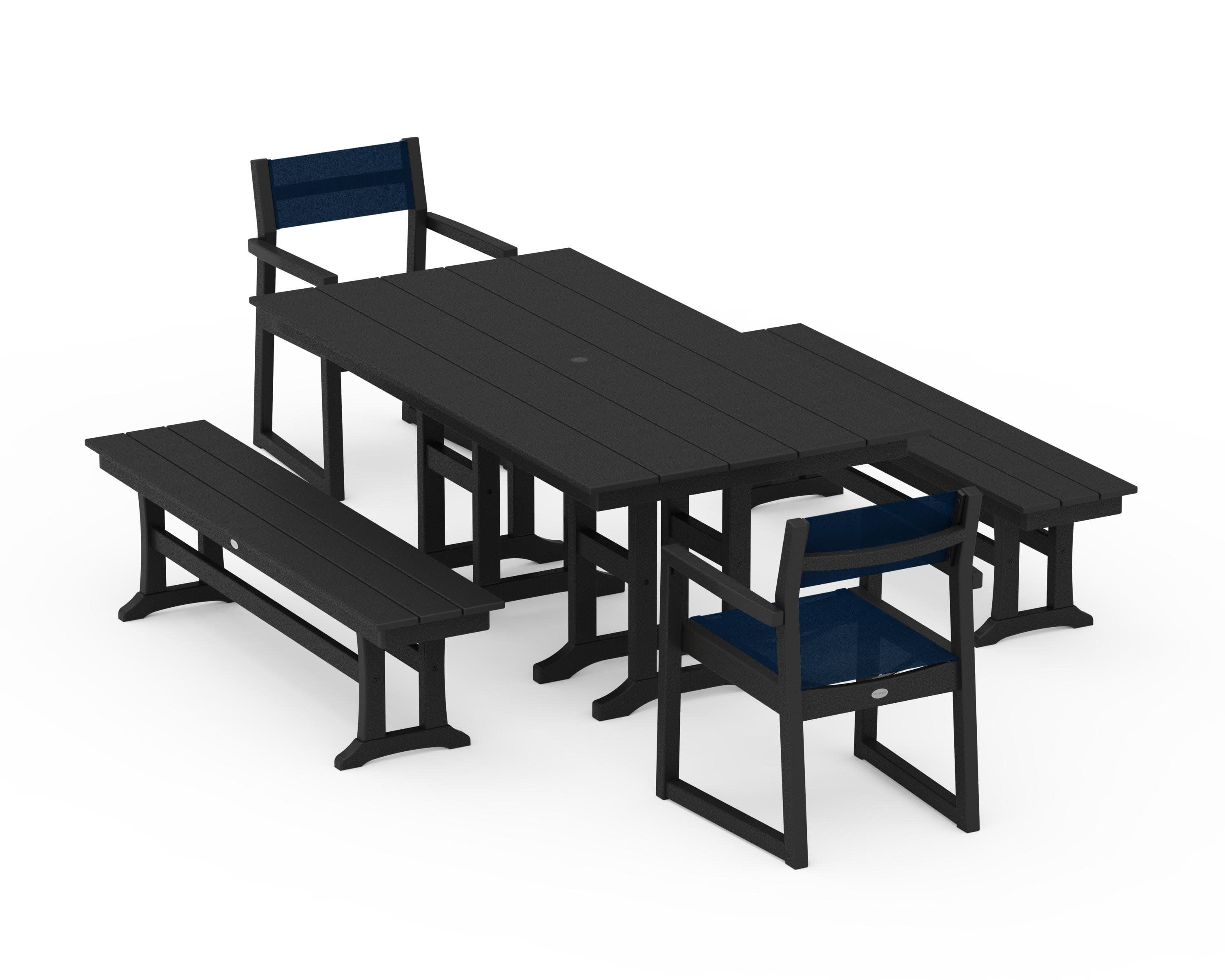 EDGE Sling Arm Chair 5-Piece Farmhouse Dining Set with Benches in Black / Navy Blue Sling