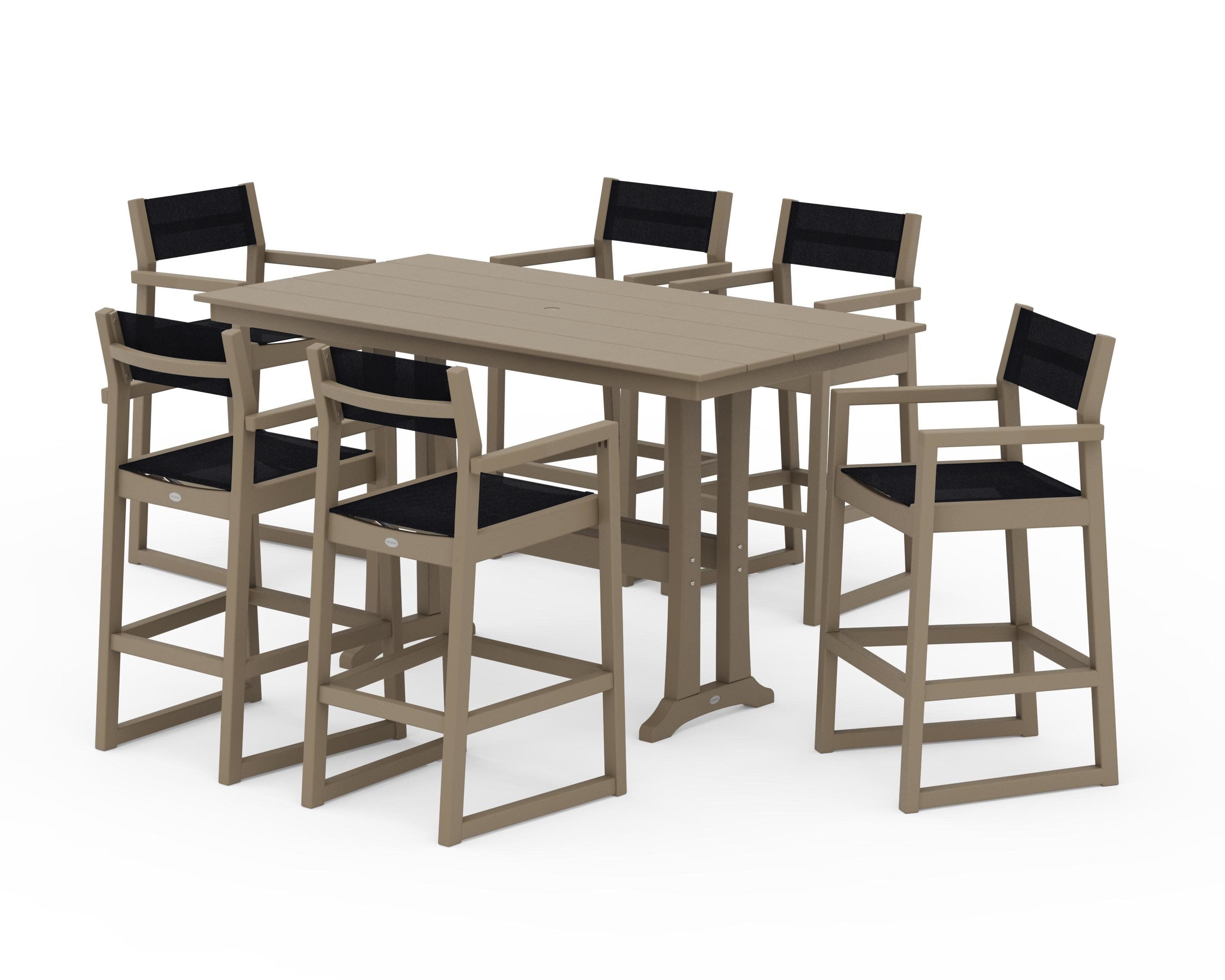 EDGE Sling Arm Chair 7-Piece Farmhouse Bar Set with Trestle Legs in Vintage Sahara / Black Sling