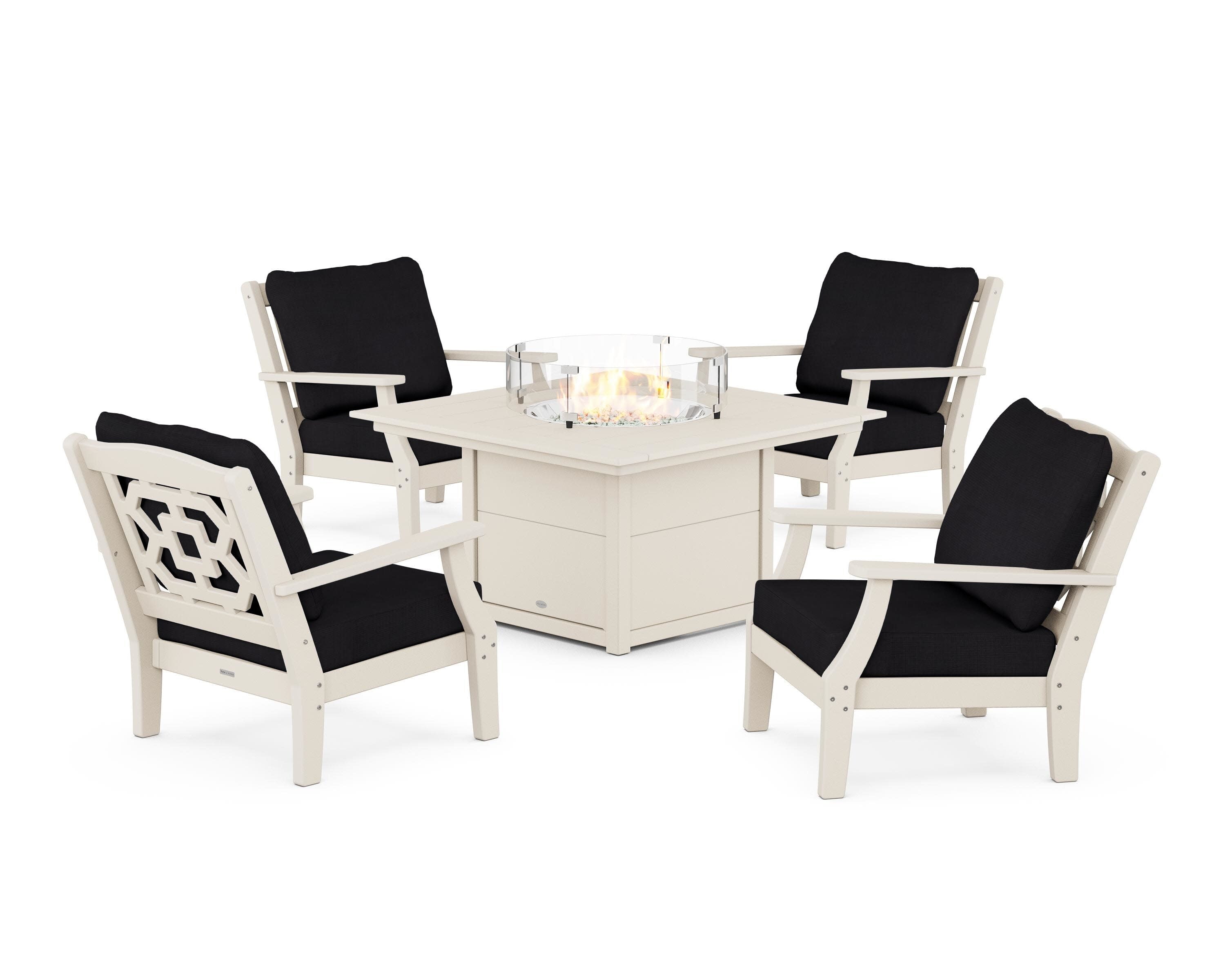 Chinoiserie 5-Piece Deep Seating Set with Fire Pit Table in Sand / Midnight Linen