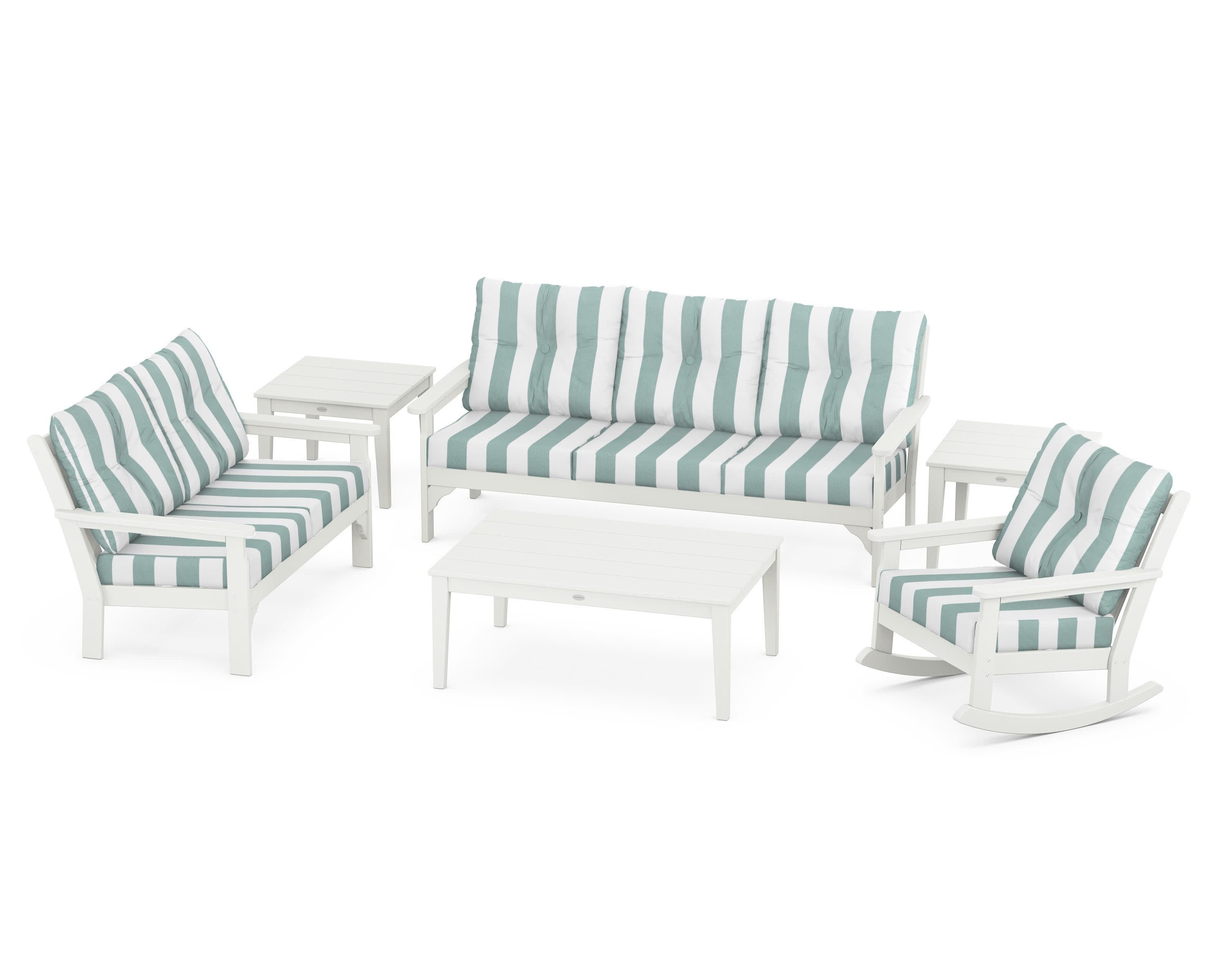 Vineyard 6-Piece Deep Seating Set in Vintage White / Cabana Stripe Glacier Spa