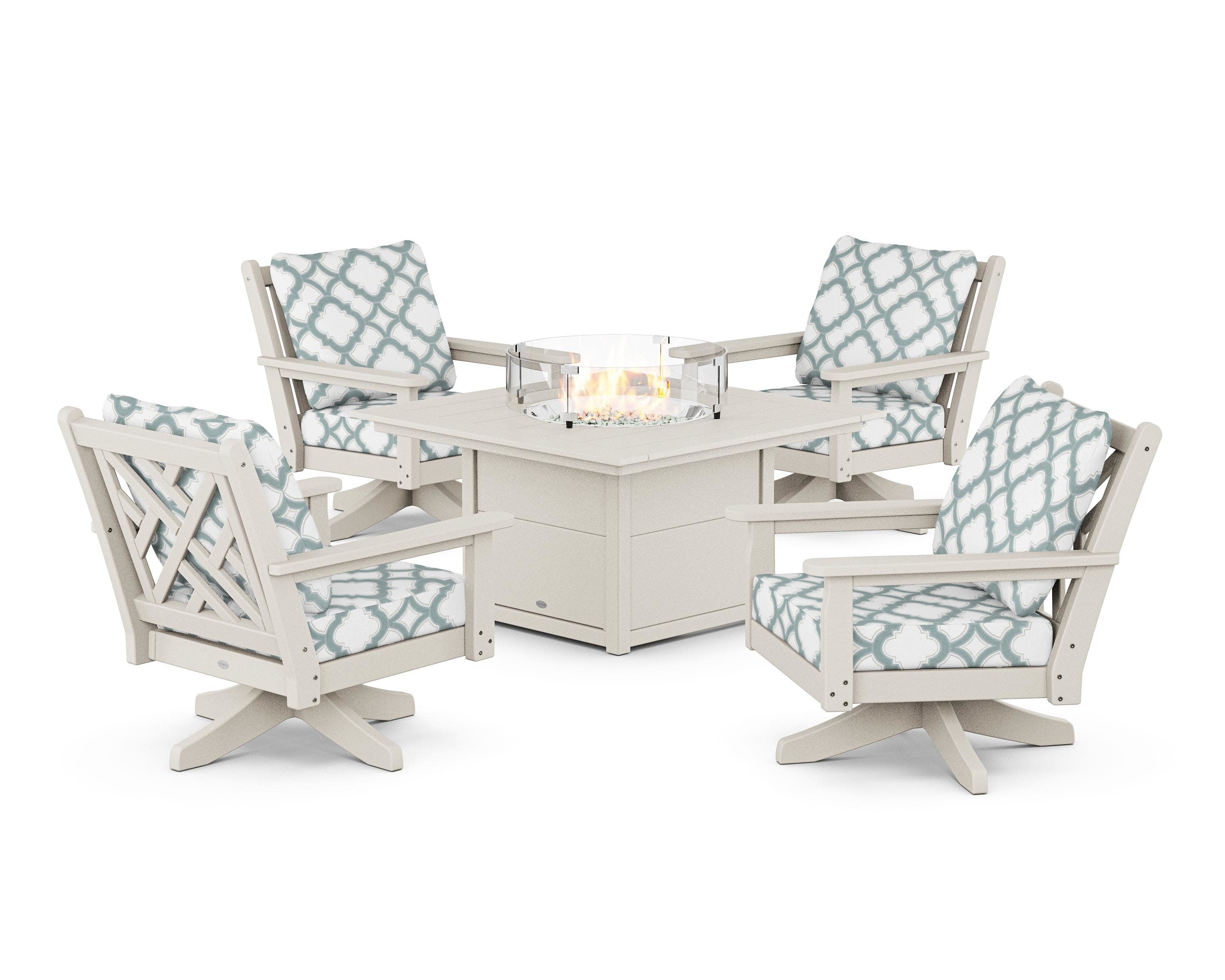 Chippendale 5-Piece Deep Seating Swivel Conversation Set with Fire Pit Table in Sand / Trellis Glacier Spa