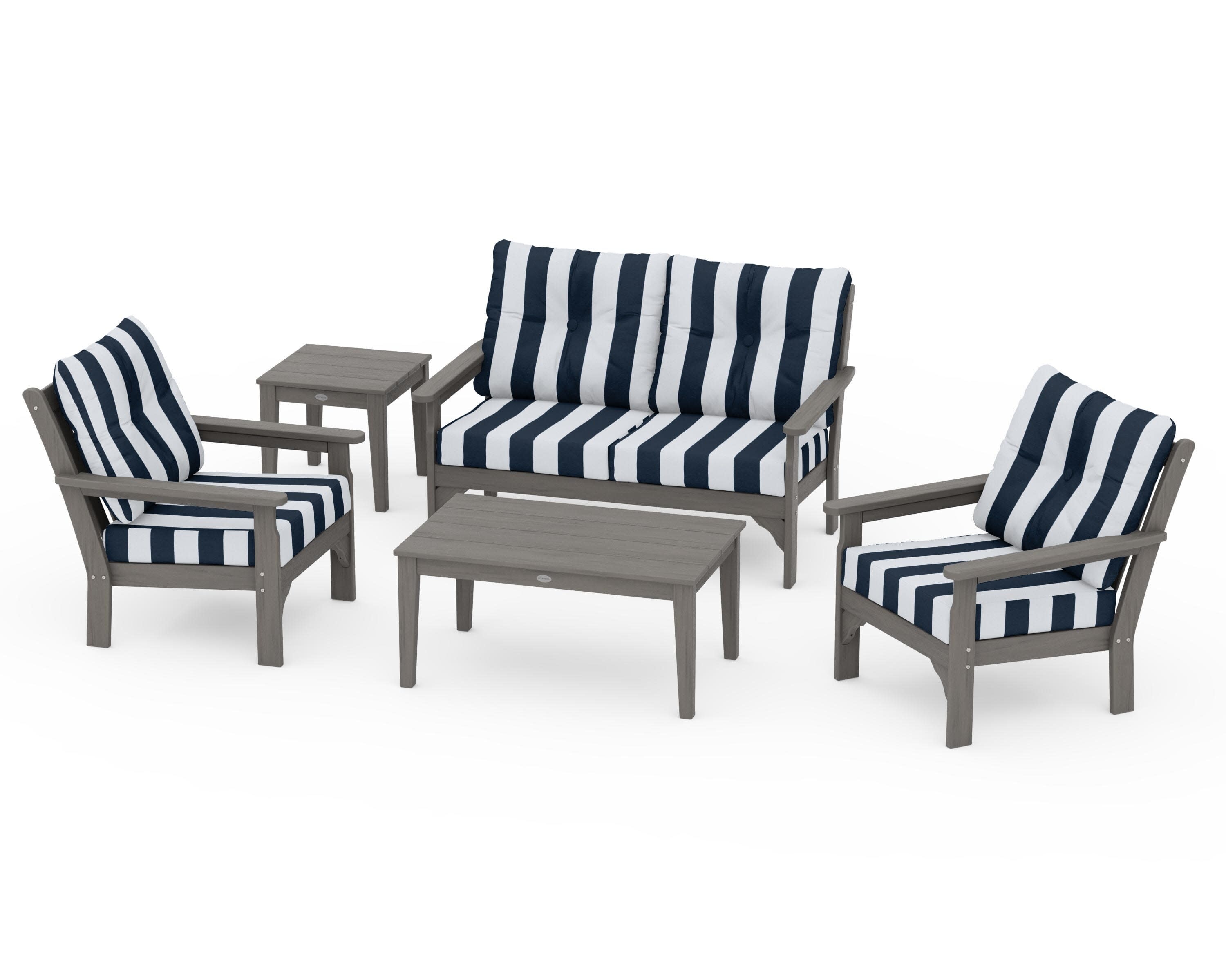 Vineyard 5-Piece Deep Seating Set in Driftwood / Cabana Stripe Marine Indigo