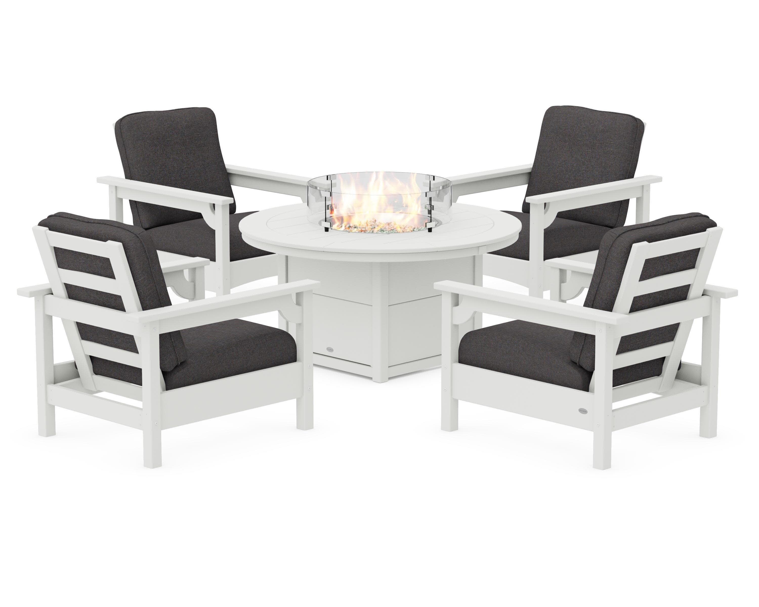 Club 5-Piece Conversation Set with Fire Pit Table in Vintage White / Ash Charcoal