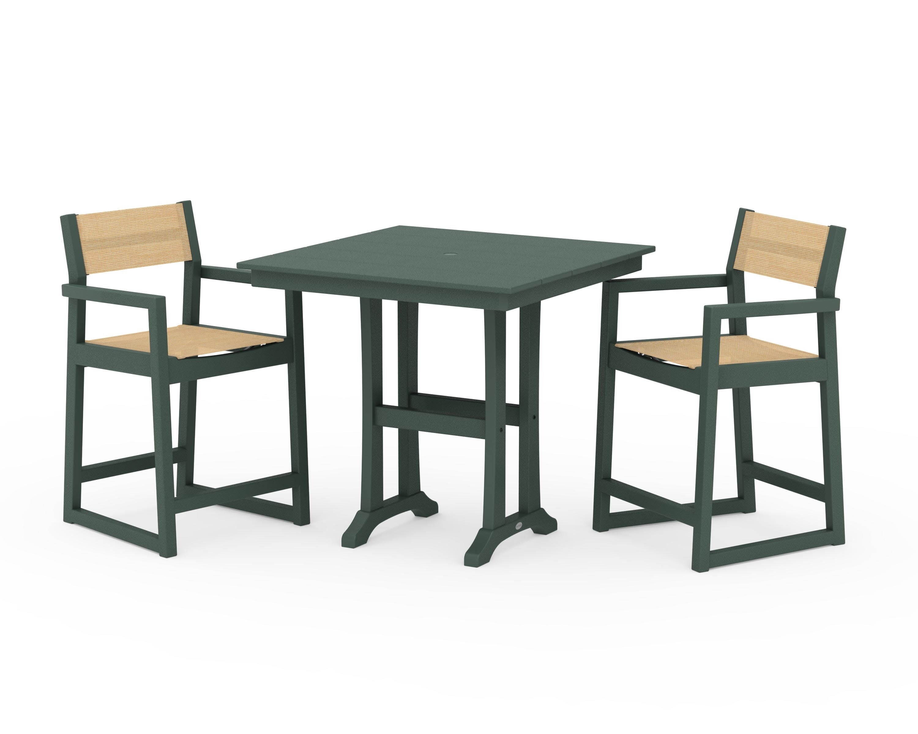 EDGE Sling Arm Chair 3-Piece Farmhouse Counter Set with Trestle Legs in Green / Dupioni Apricot Sling