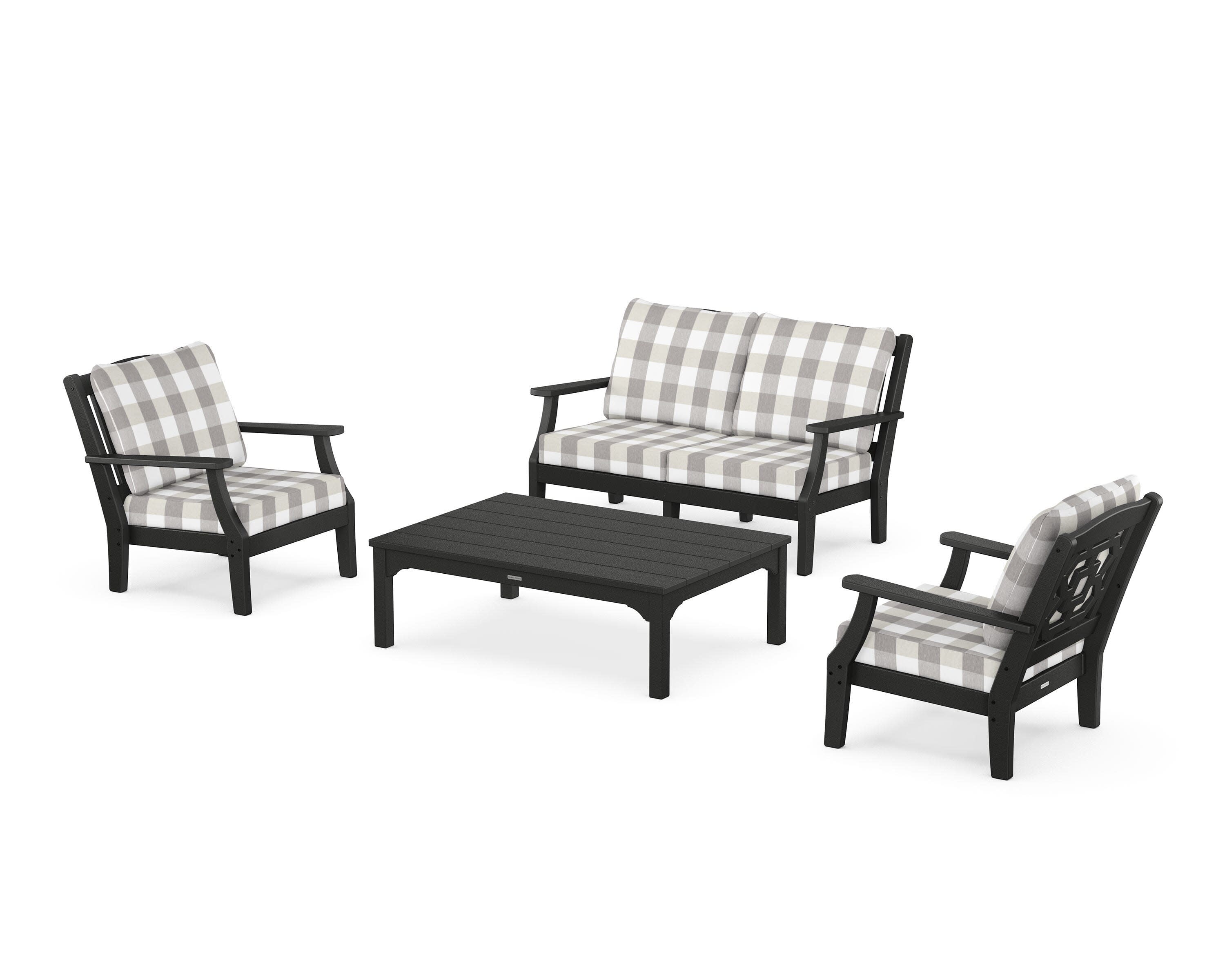 Chinoiserie 4-Piece Deep Seating Set with Loveseat in Black / Buffalo Plaid Grey Mist