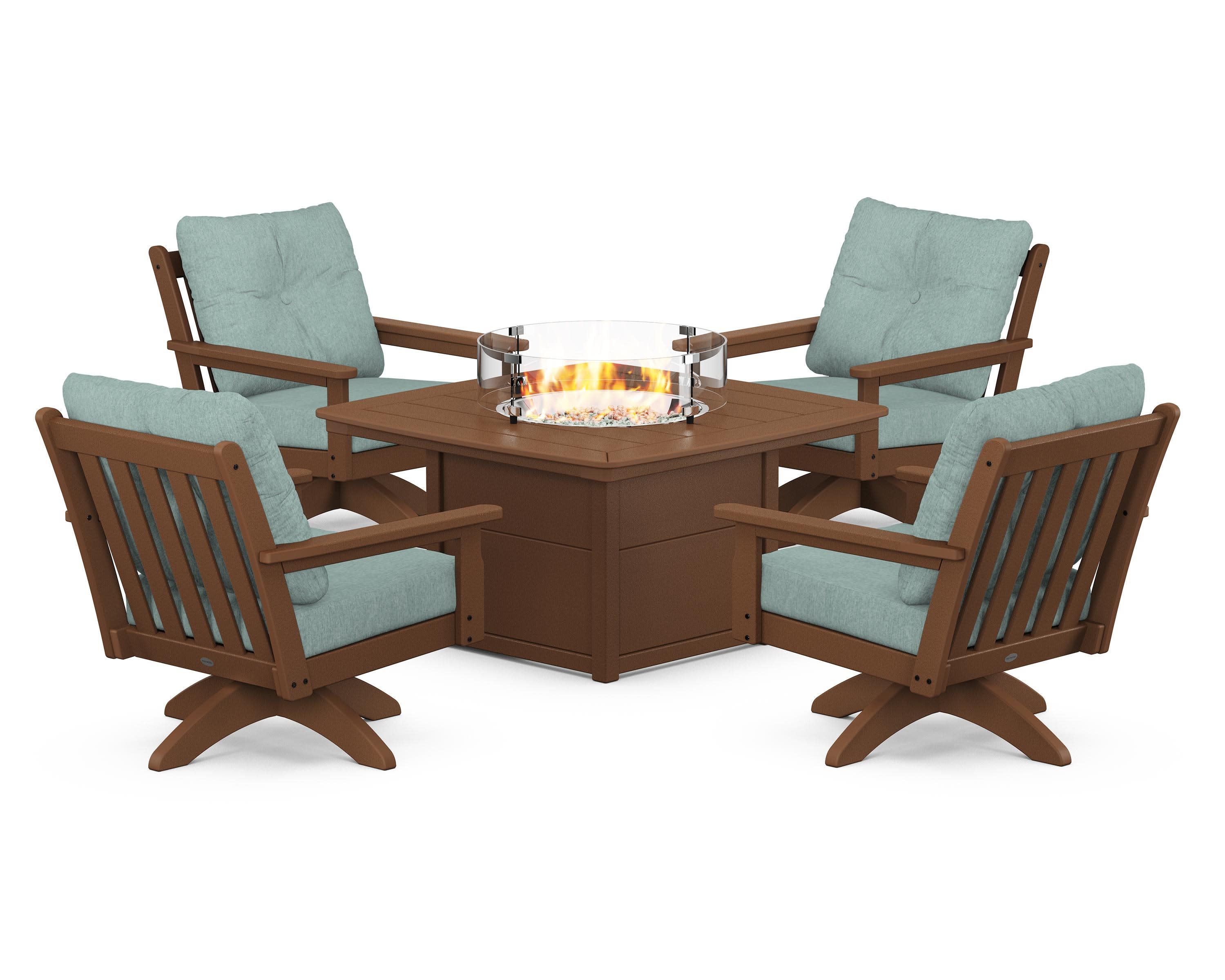 Vineyard 5-Piece Deep Seating Swivel Conversation Set with Fire Pit Table in Teak / Glacier Spa