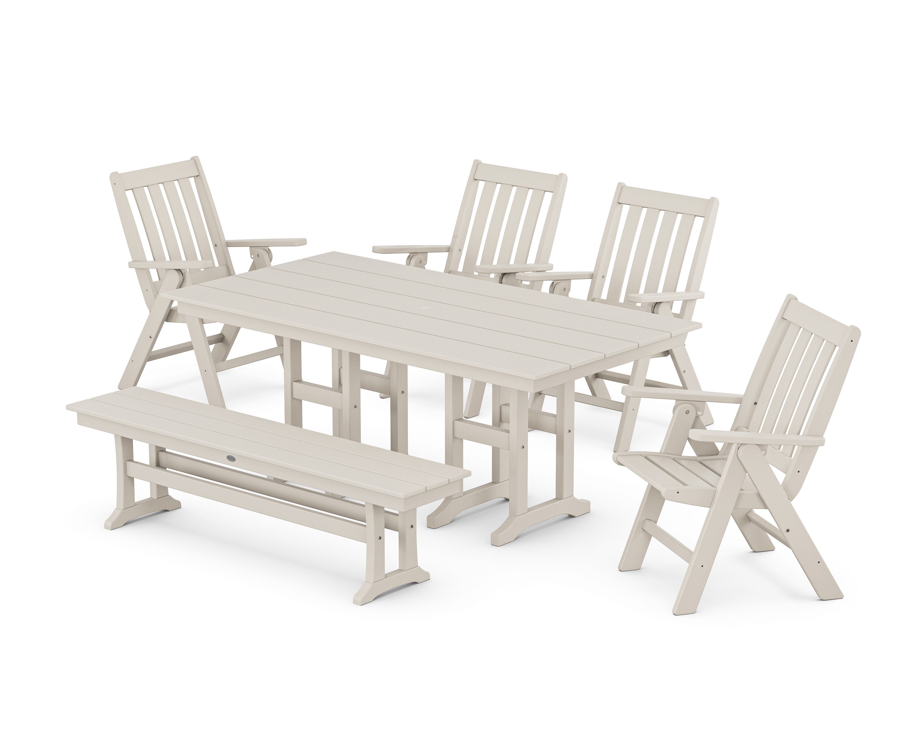 Vineyard Folding Chair 6-Piece Farmhouse Dining Set with Bench in Sand
