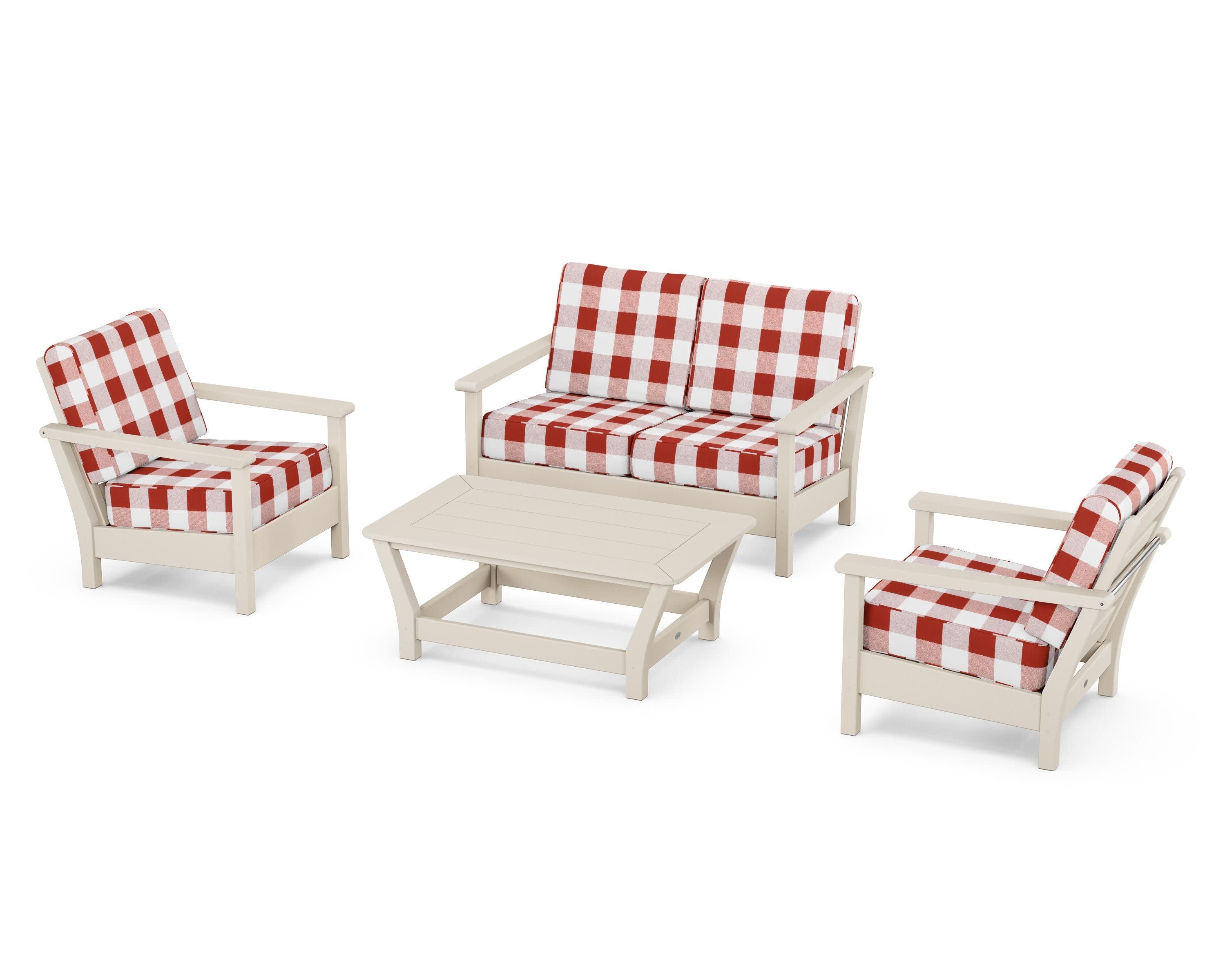 Harbour 4-Piece Deep Seating Set in Sand / Buffalo Plaid Crimson