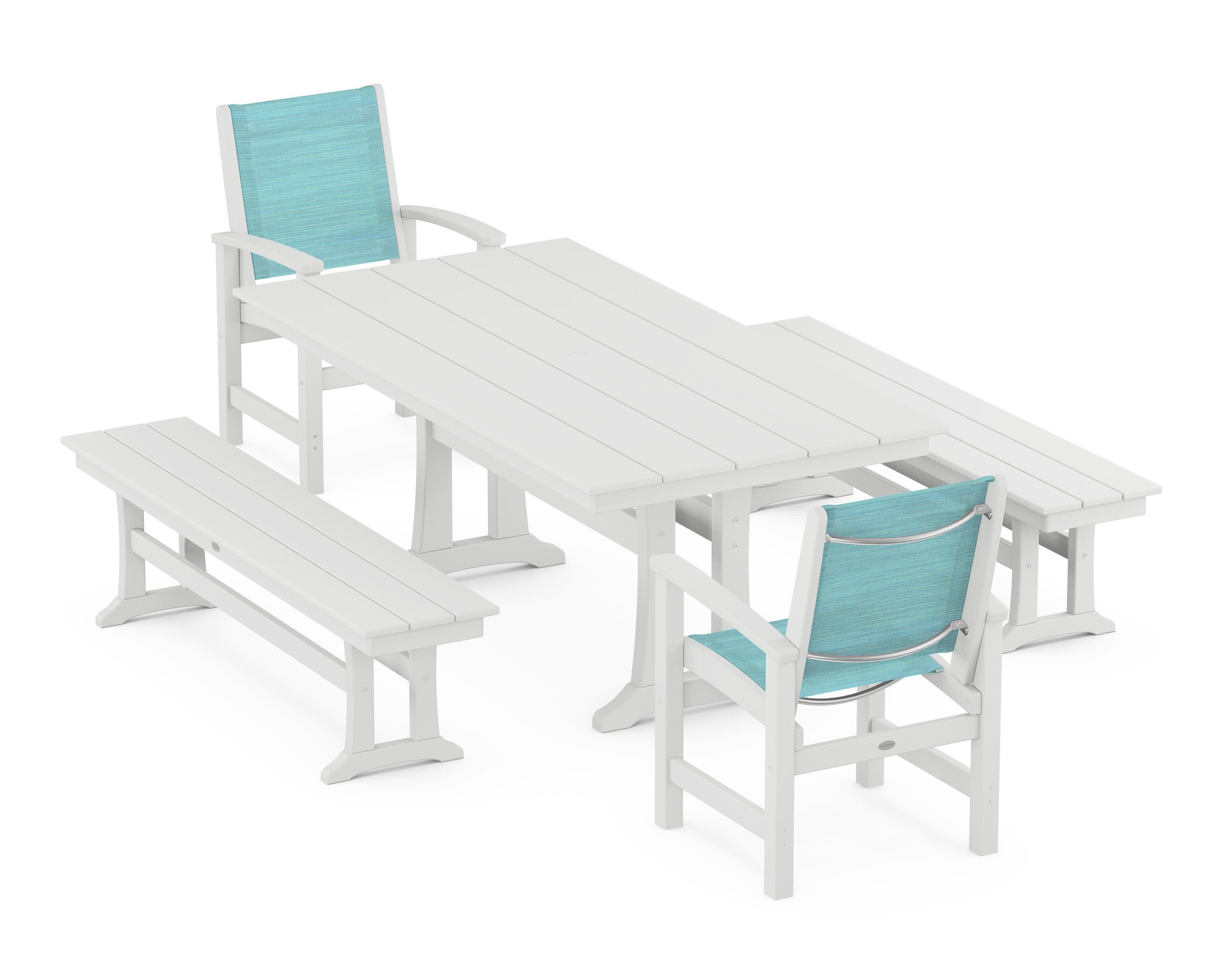 Coastal 5-Piece Farmhouse Dining Set with Trestle Legs and Benches in White / Dupioni Aquamarine Sling
