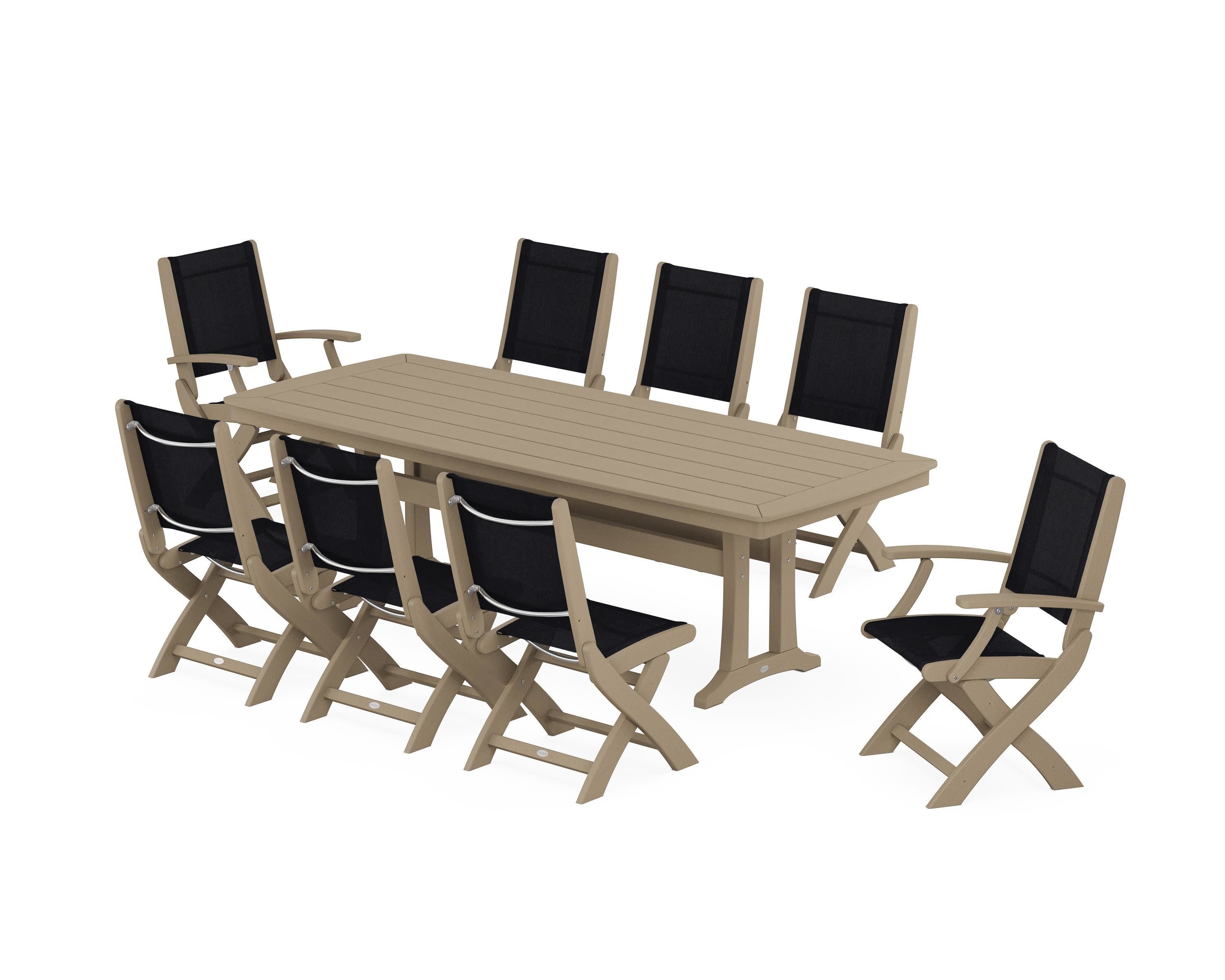 Coastal Folding 9-Piece Dining Set with Trestle Legs in Vintage Sahara / Black Sling