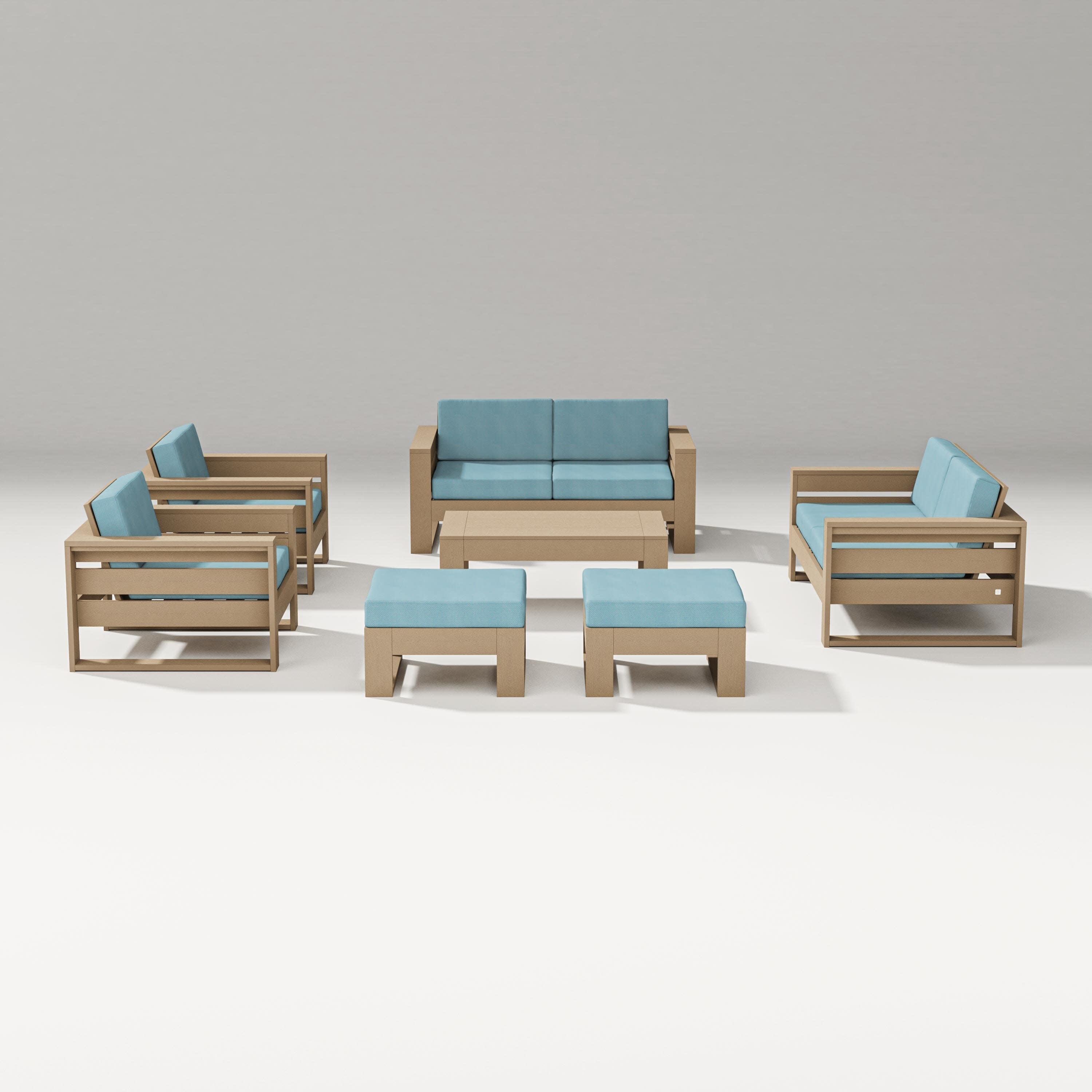 Latitude 7-Piece Lounge Loveseat Set in Vintage Sahara / Lattice Sky Blue