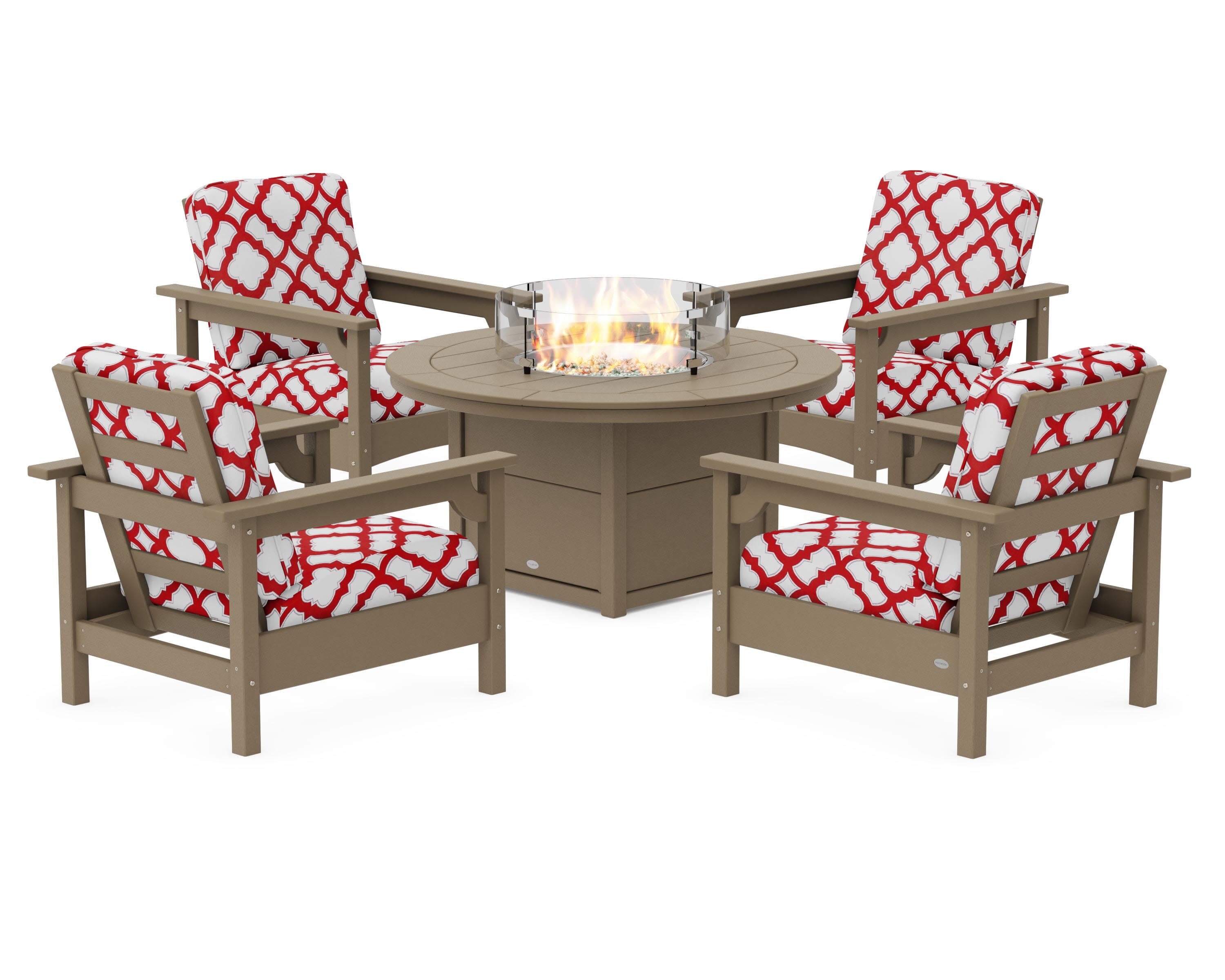 Club 5-Piece Conversation Set with Fire Pit Table in Vintage Sahara / Trellis Crimson