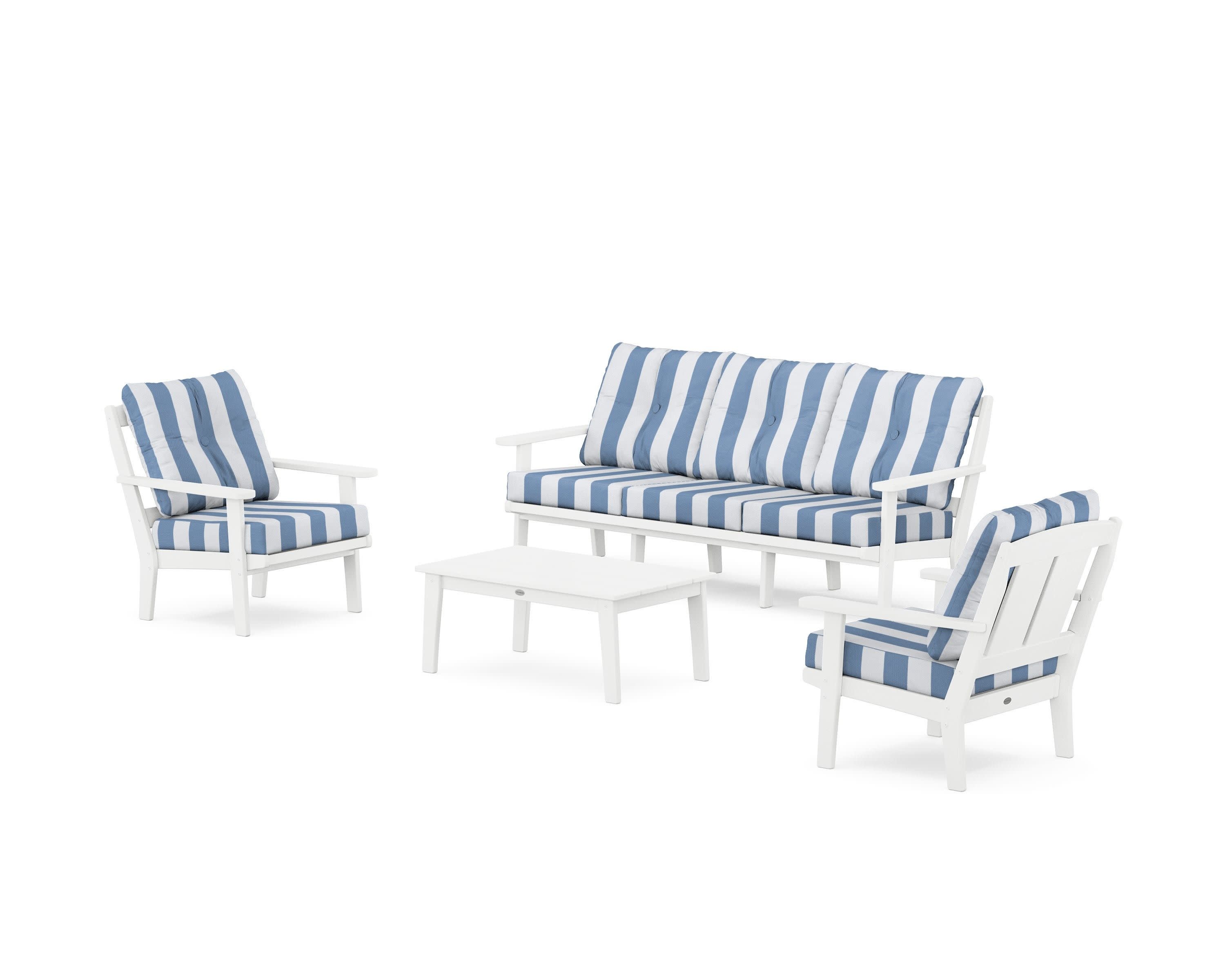 Mission 4-Piece Deep Seating Set with Sofa in White / Cabana Stripe Sky Blue