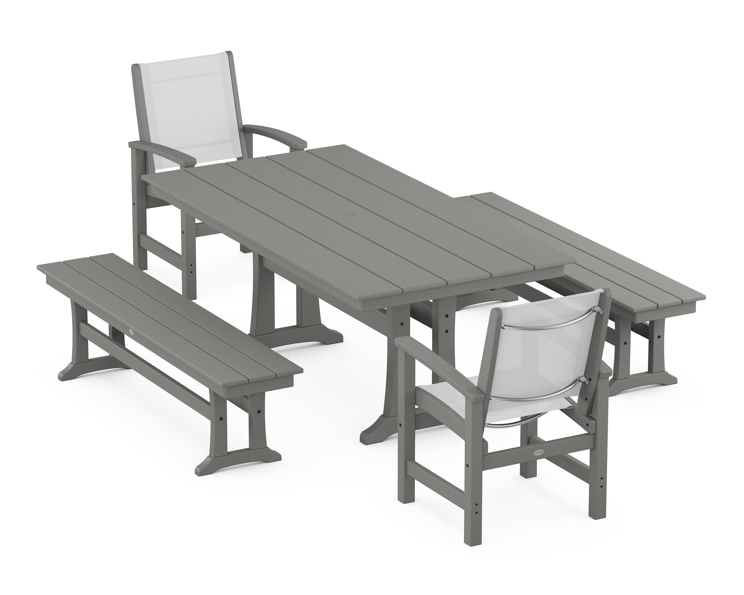 Coastal 5-Piece Farmhouse Dining Set with Trestle Legs and Benches in Slate Grey / White Sling