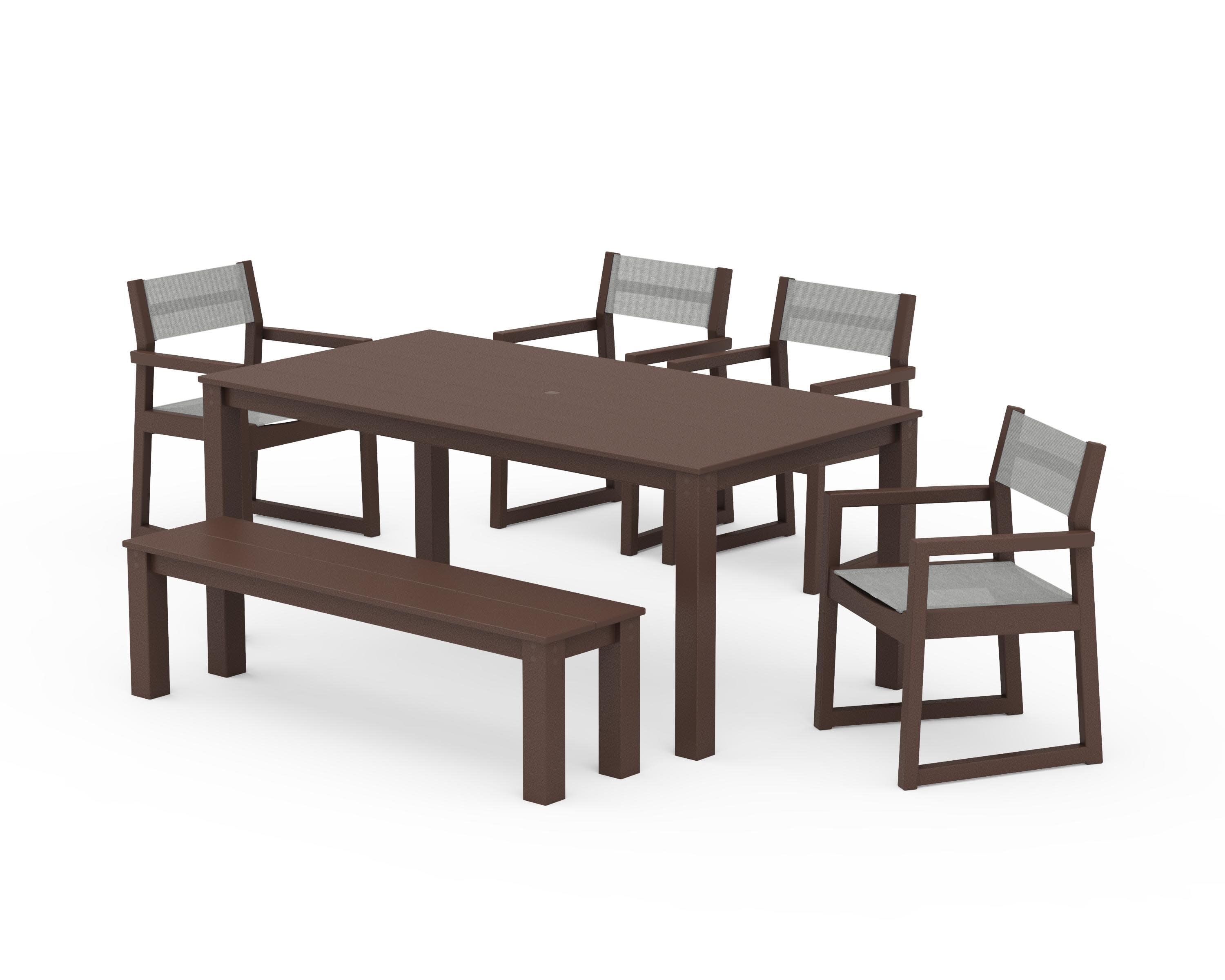 EDGE Sling Arm Chair 6-Piece Parsons Dining Set with Bench in Mahogany / Metallic Sling