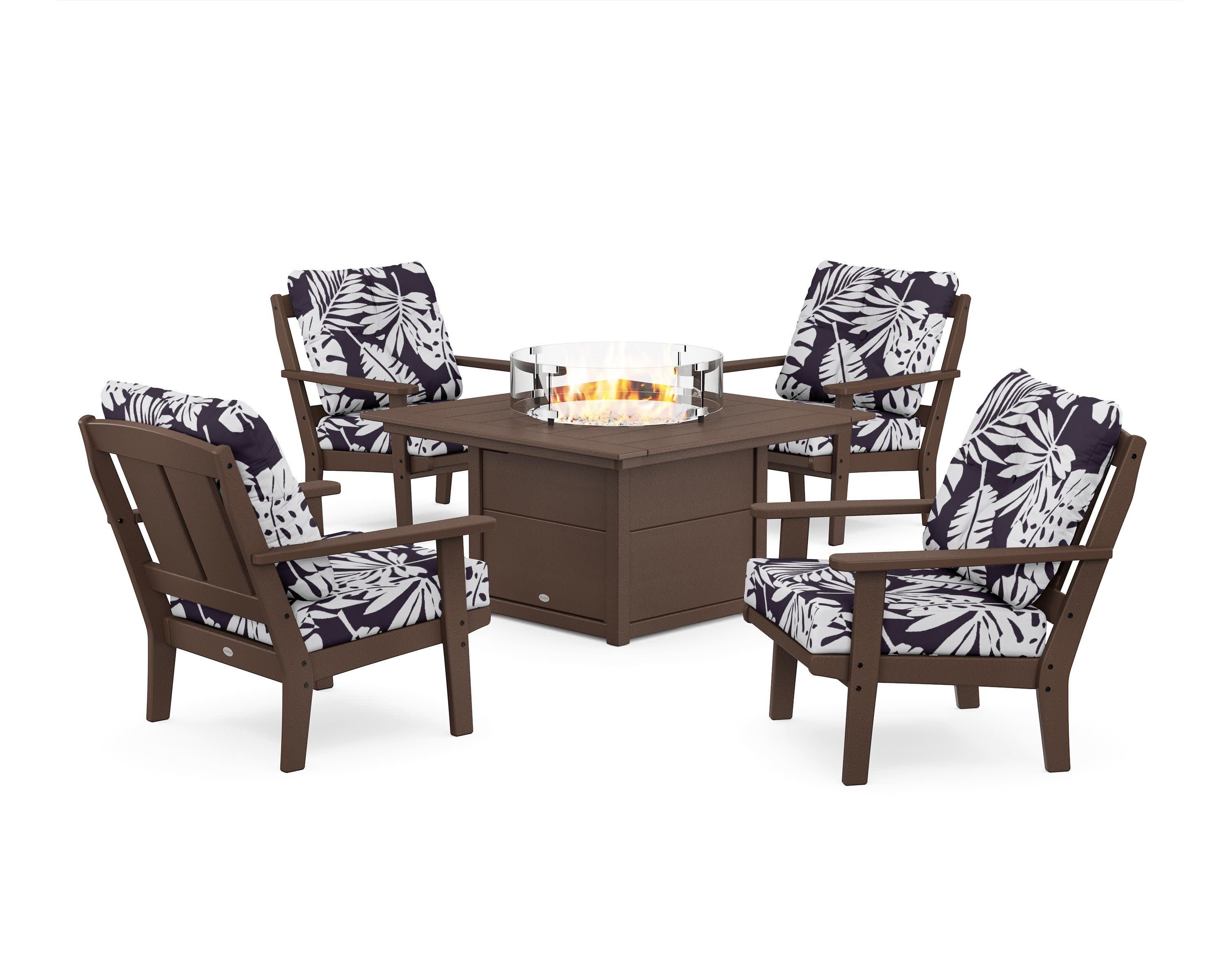 Mission 5-Piece Deep Seating Set with Fire Pit Table in Mahogany / Leaf Navy