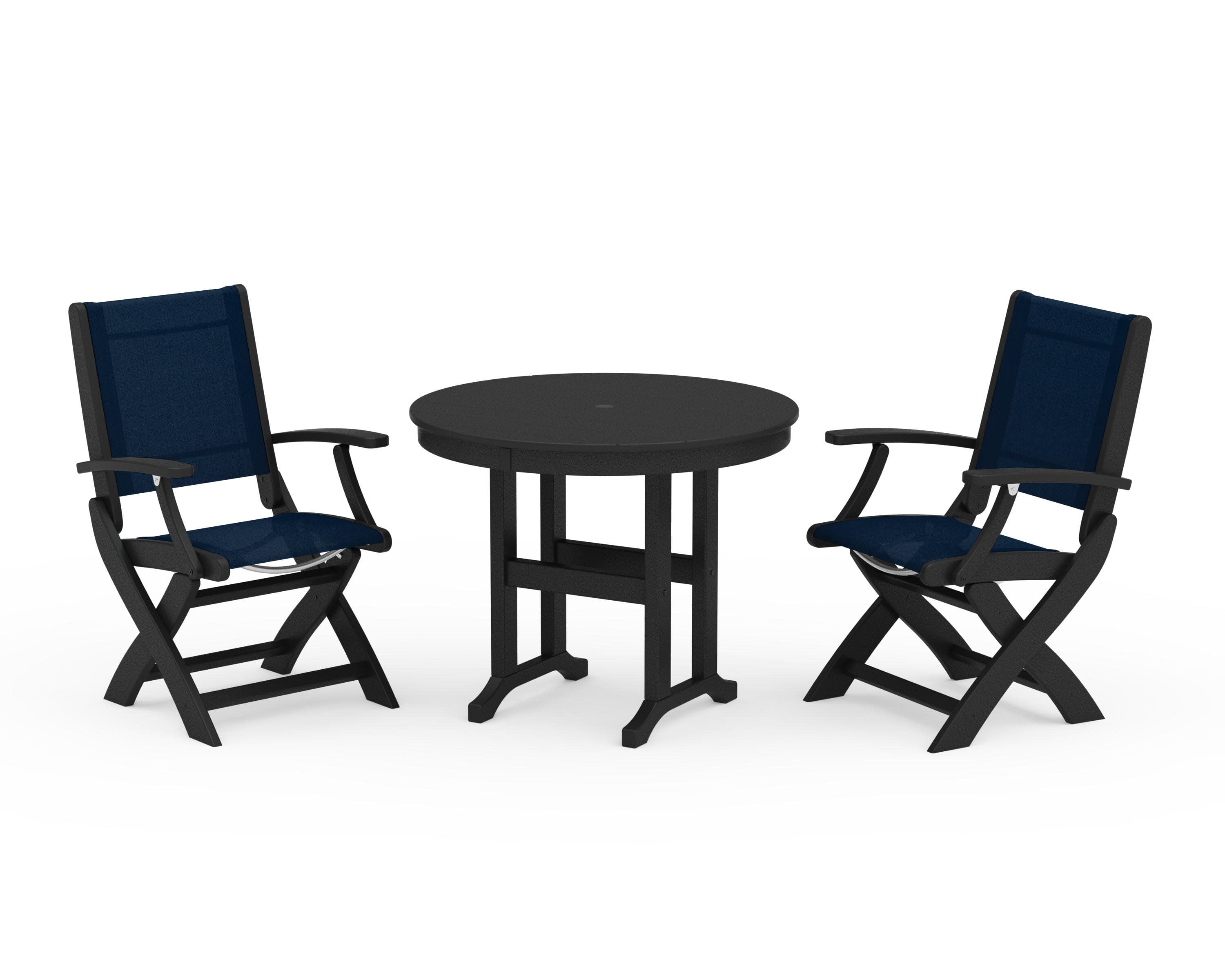 Coastal Folding Chair 3-Piece Round Dining Set in Black / Navy Blue Sling