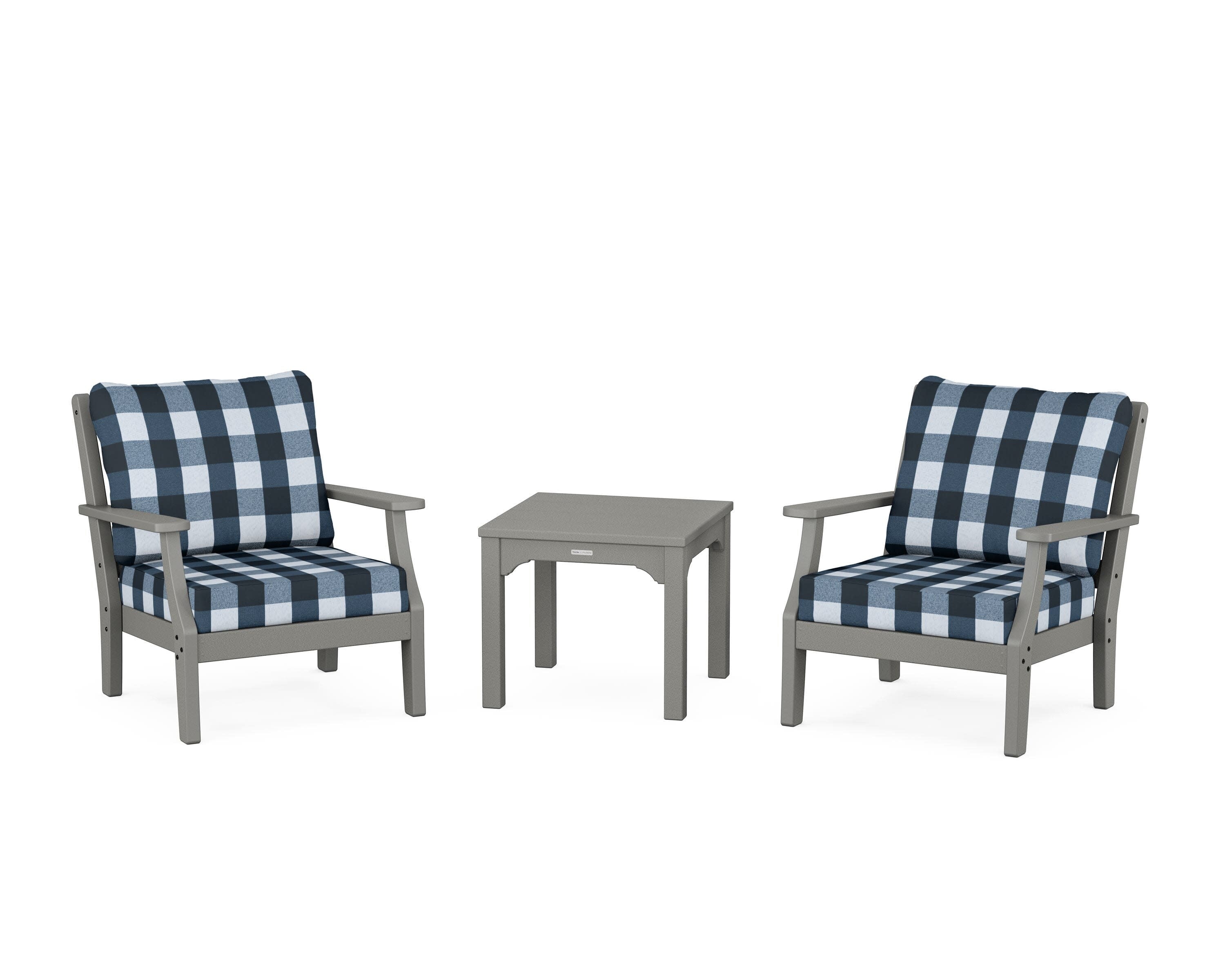 Chinoiserie 3-Piece Deep Seating Set in Slate Grey / Buffalo Plaid Marine Indigo