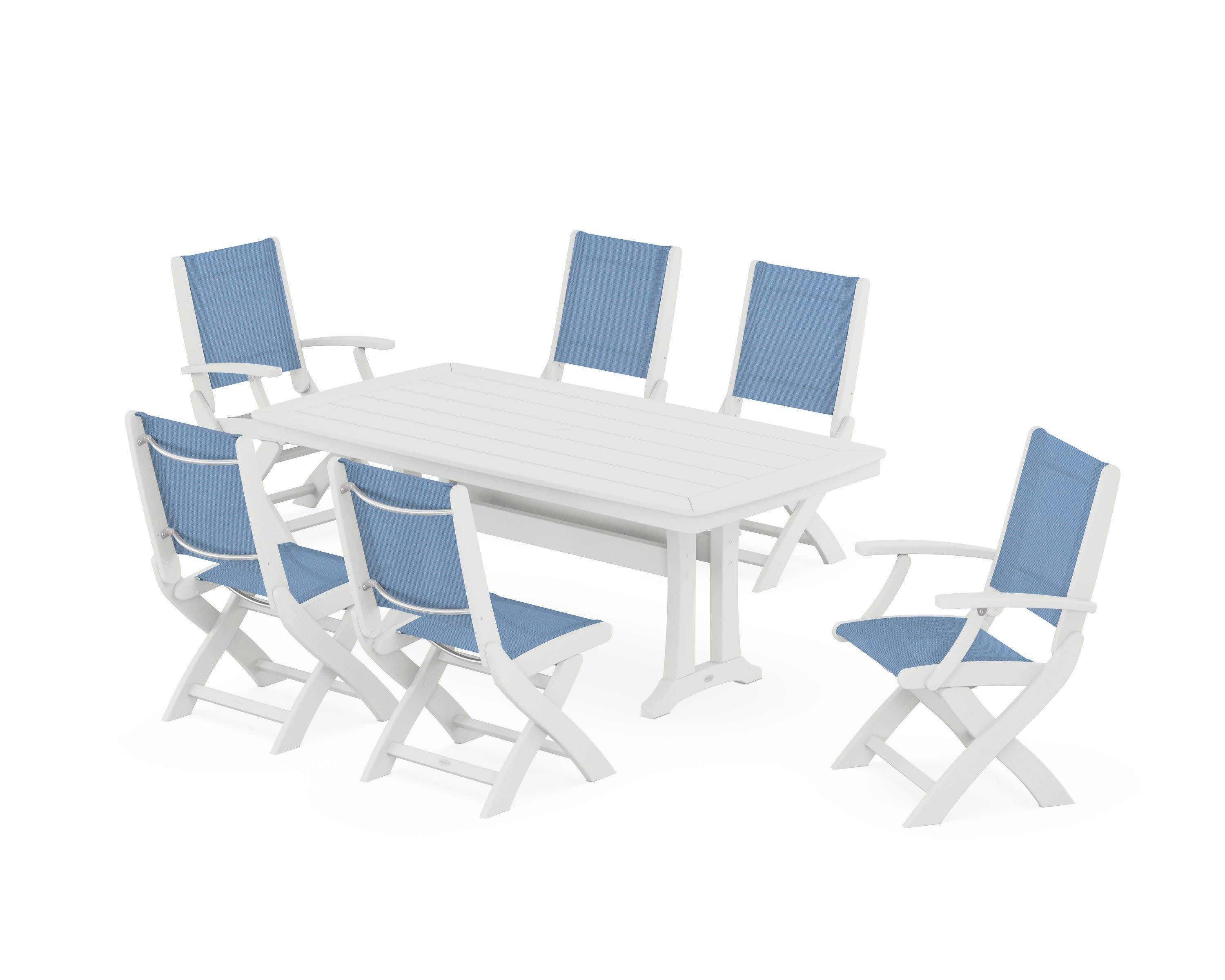 Coastal Folding Chair 7-Piece Dining Set with Trestle Legs in Vintage White / Poolside Sling