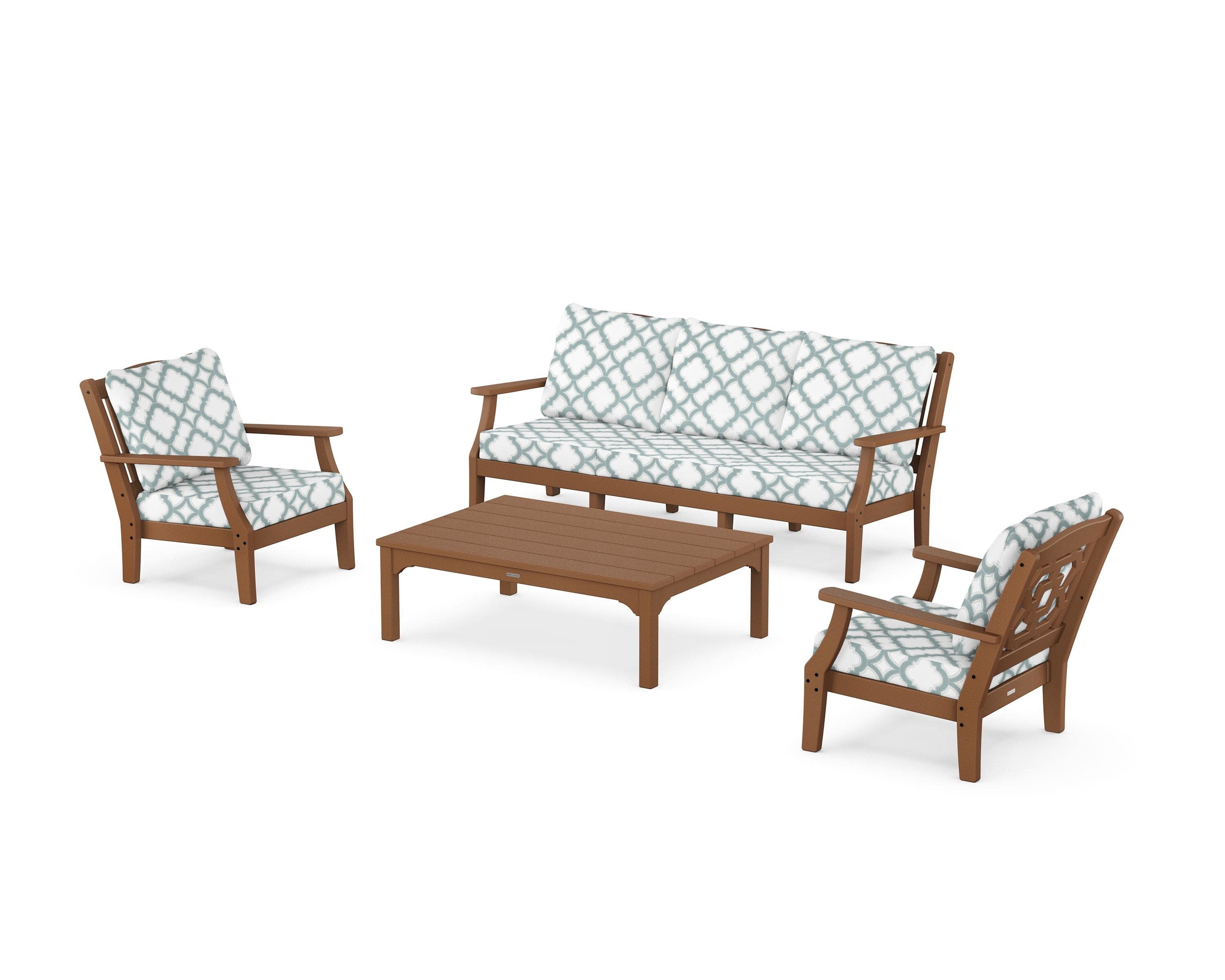 Chinoiserie 4-Piece Deep Seating Set with Sofa in Teak / Trellis Glacier Spa