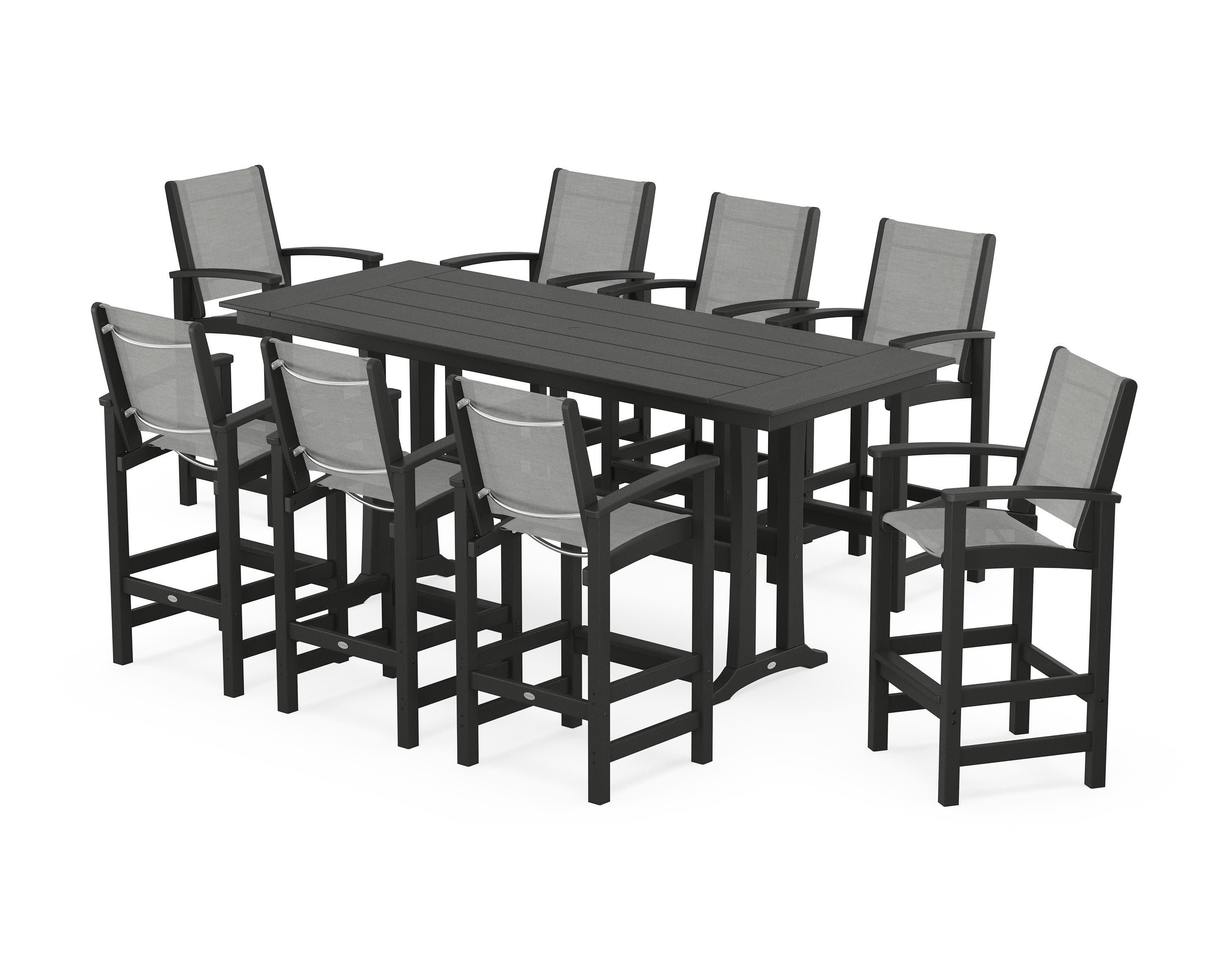 Coastal 9-Piece Farmhouse Bar Set with Trestle Legs in Black / Metallic Sling