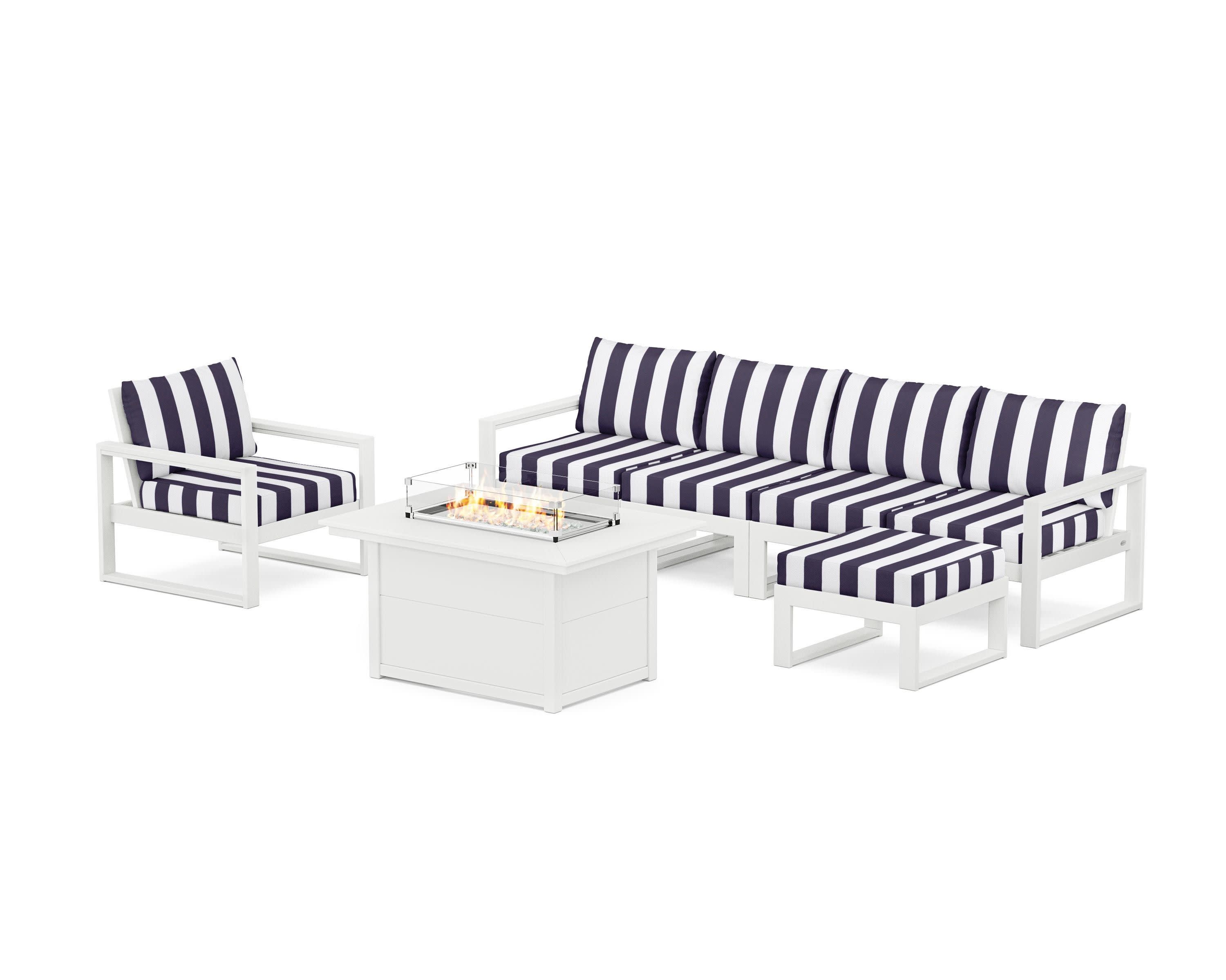 EDGE Sectional Lounge and Fire Pit Set in White / Cabana Stripe Navy
