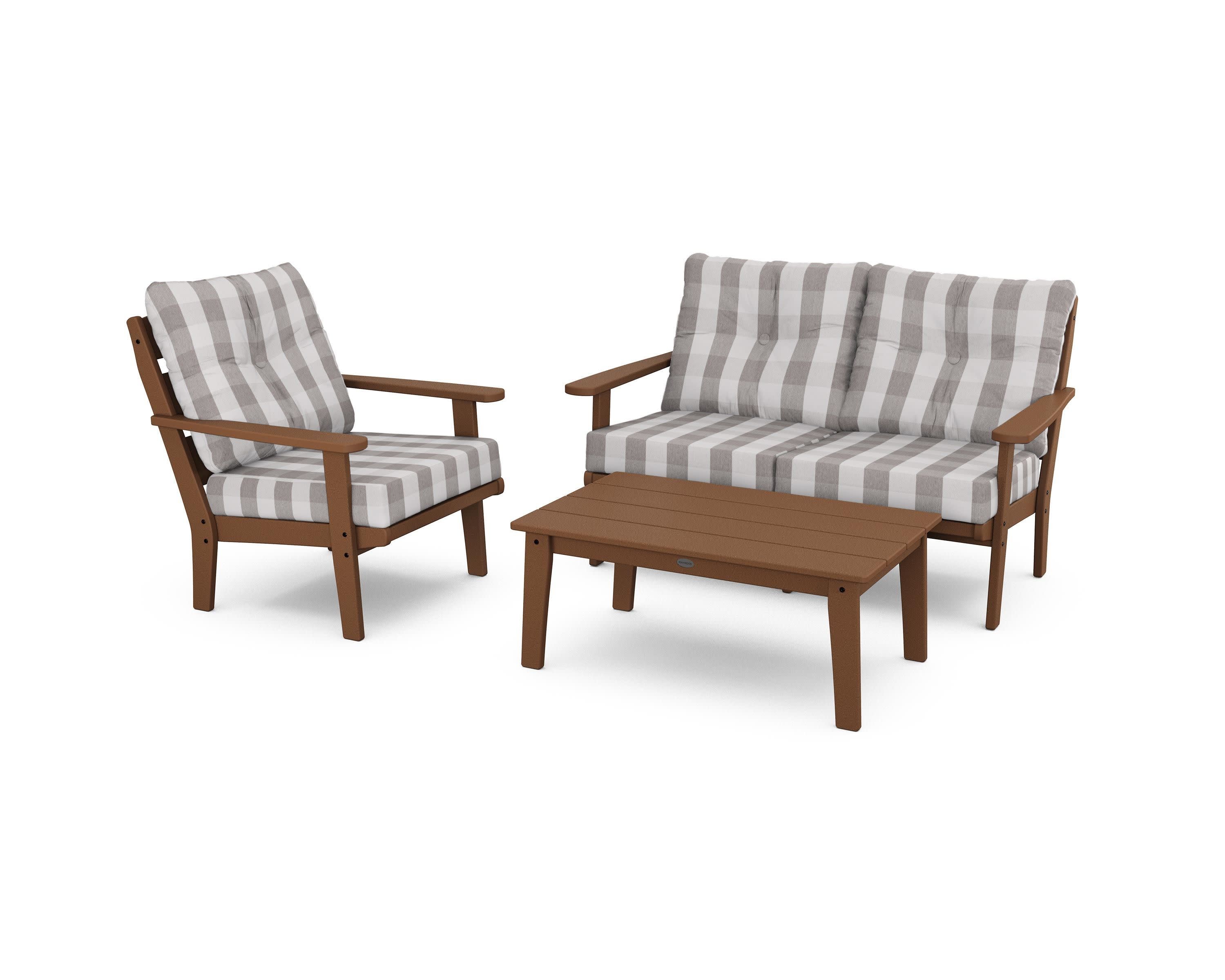 Lakeside 3-Piece Deep Seating Set in Teak / Buffalo Plaid Grey Mist