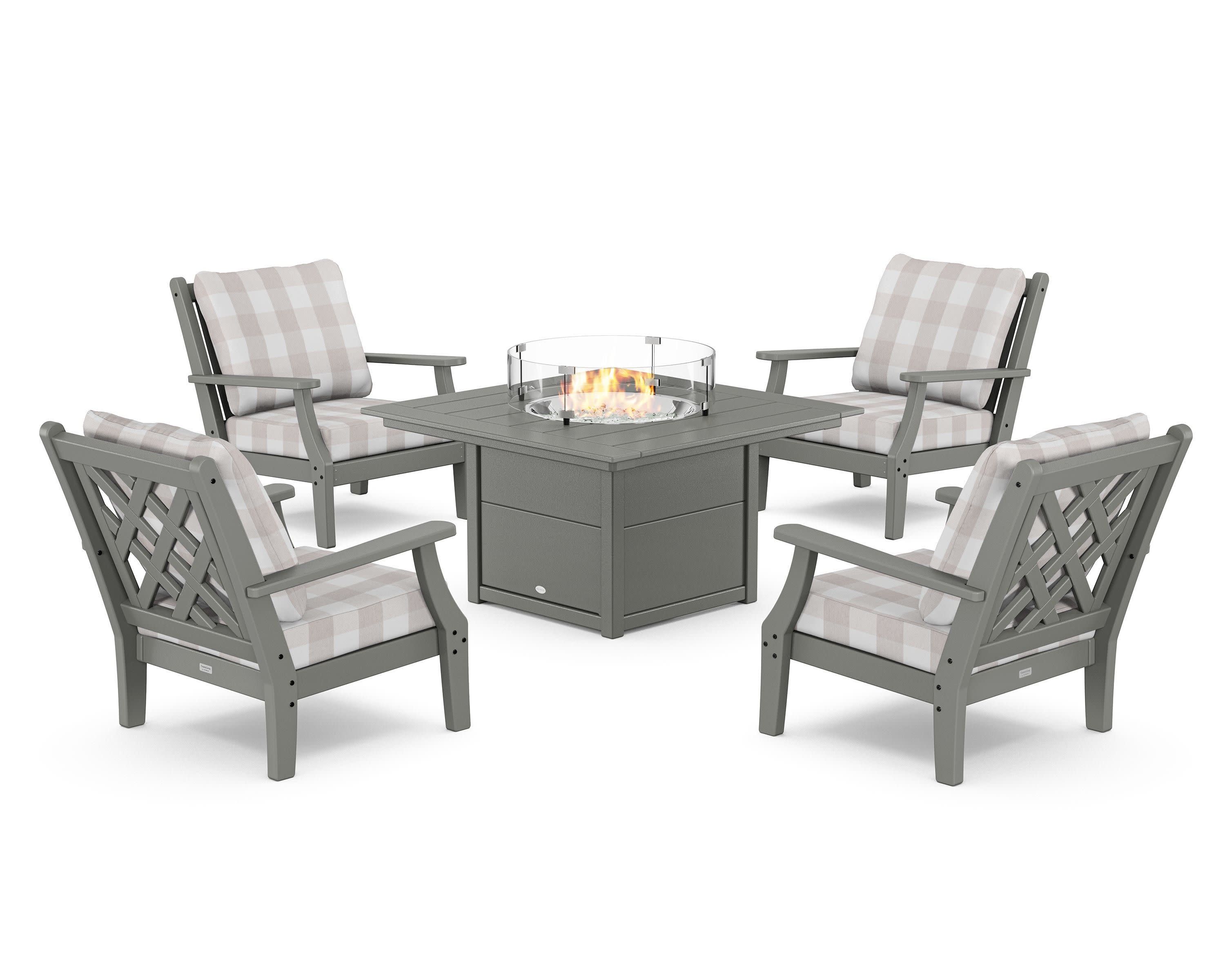 Wovendale 5-Piece Deep Seating Set with Fire Pit Table in Slate Grey / Buffalo Plaid Dune Burlap