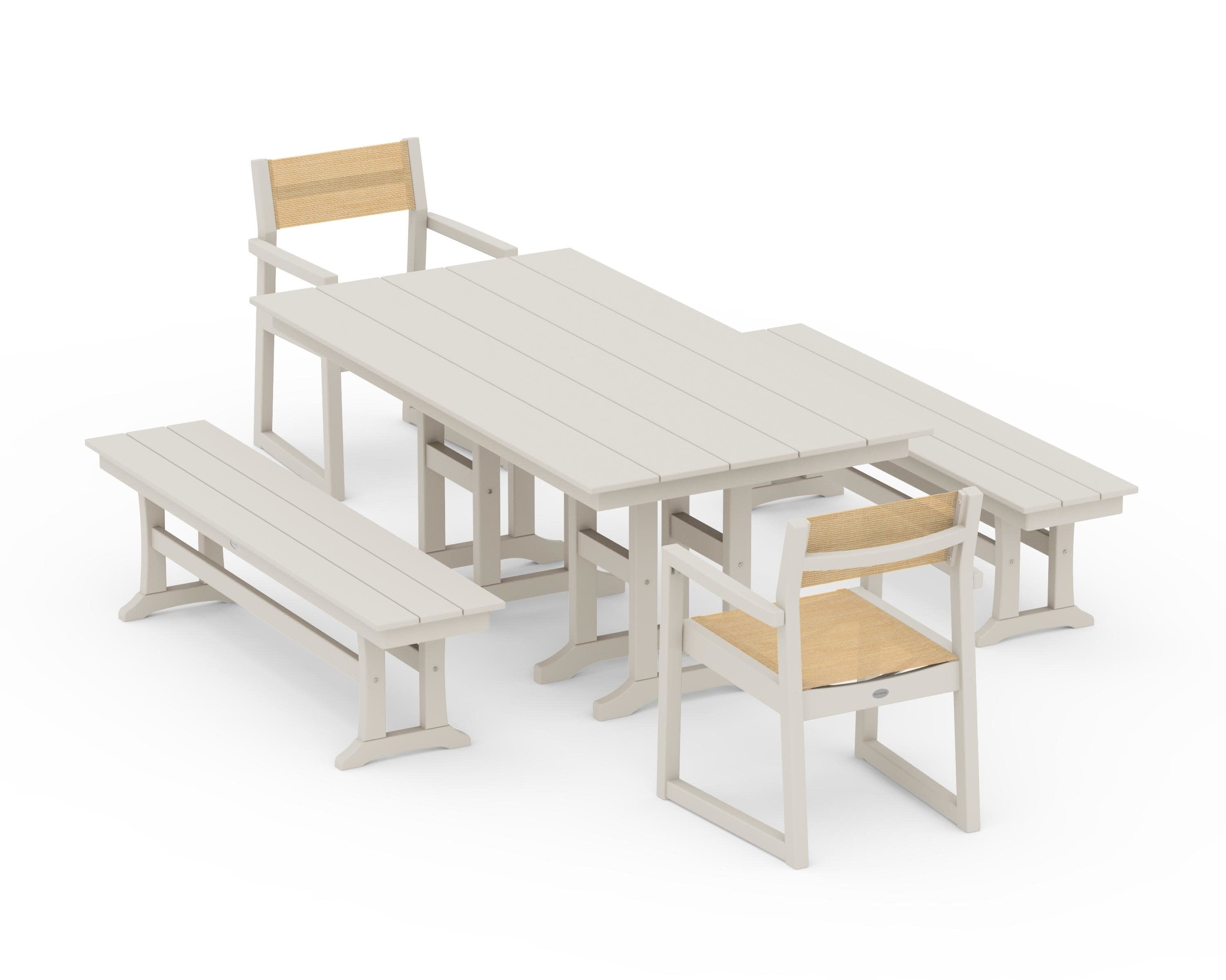 EDGE Sling Arm Chair 5-Piece Farmhouse Dining Set with Benches in Sand / Dupioni Apricot Sling