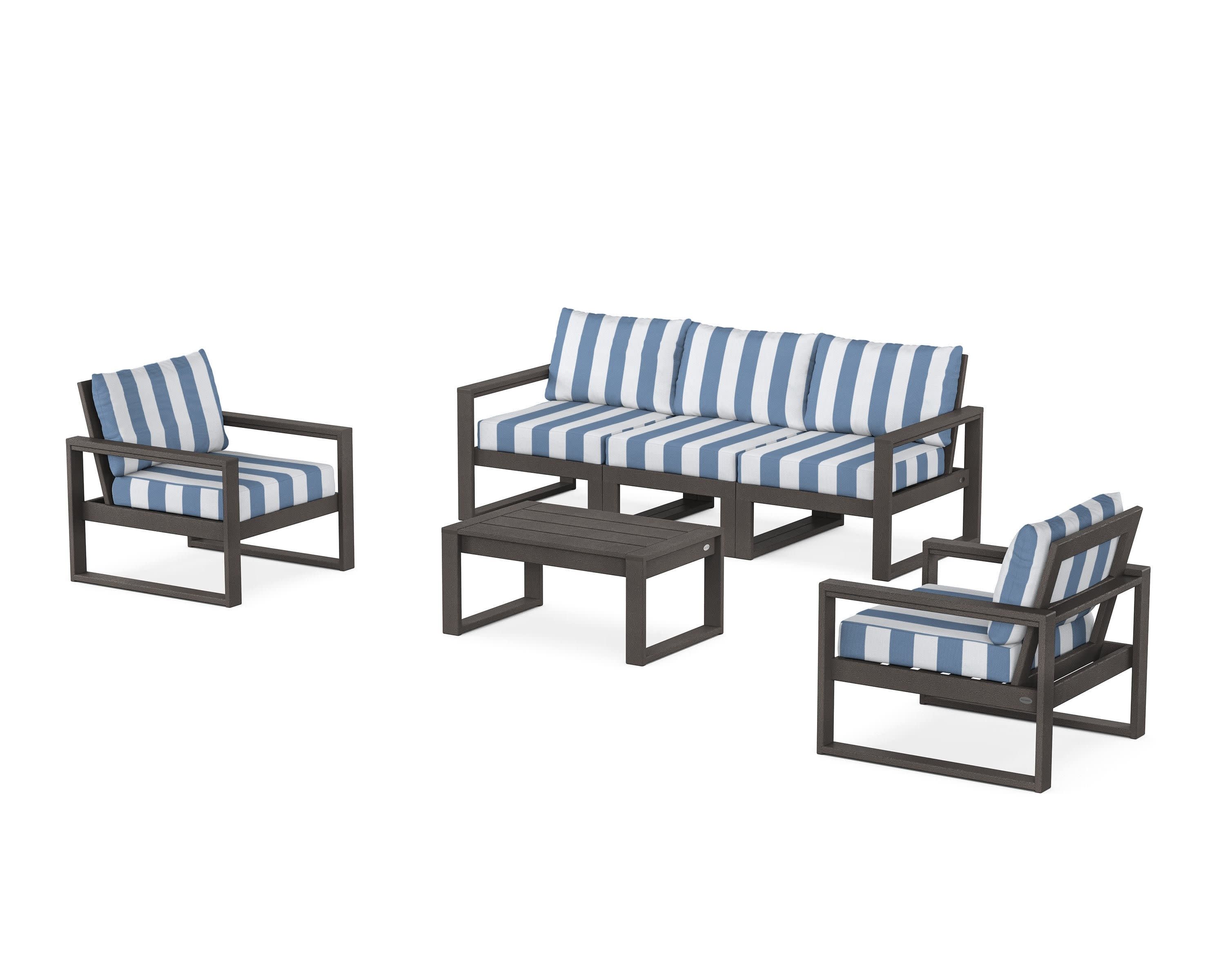 EDGE Sectional 4-Piece Deep Seating Set with Sofa in Vintage Coffee / Cabana Stripe Sky Blue