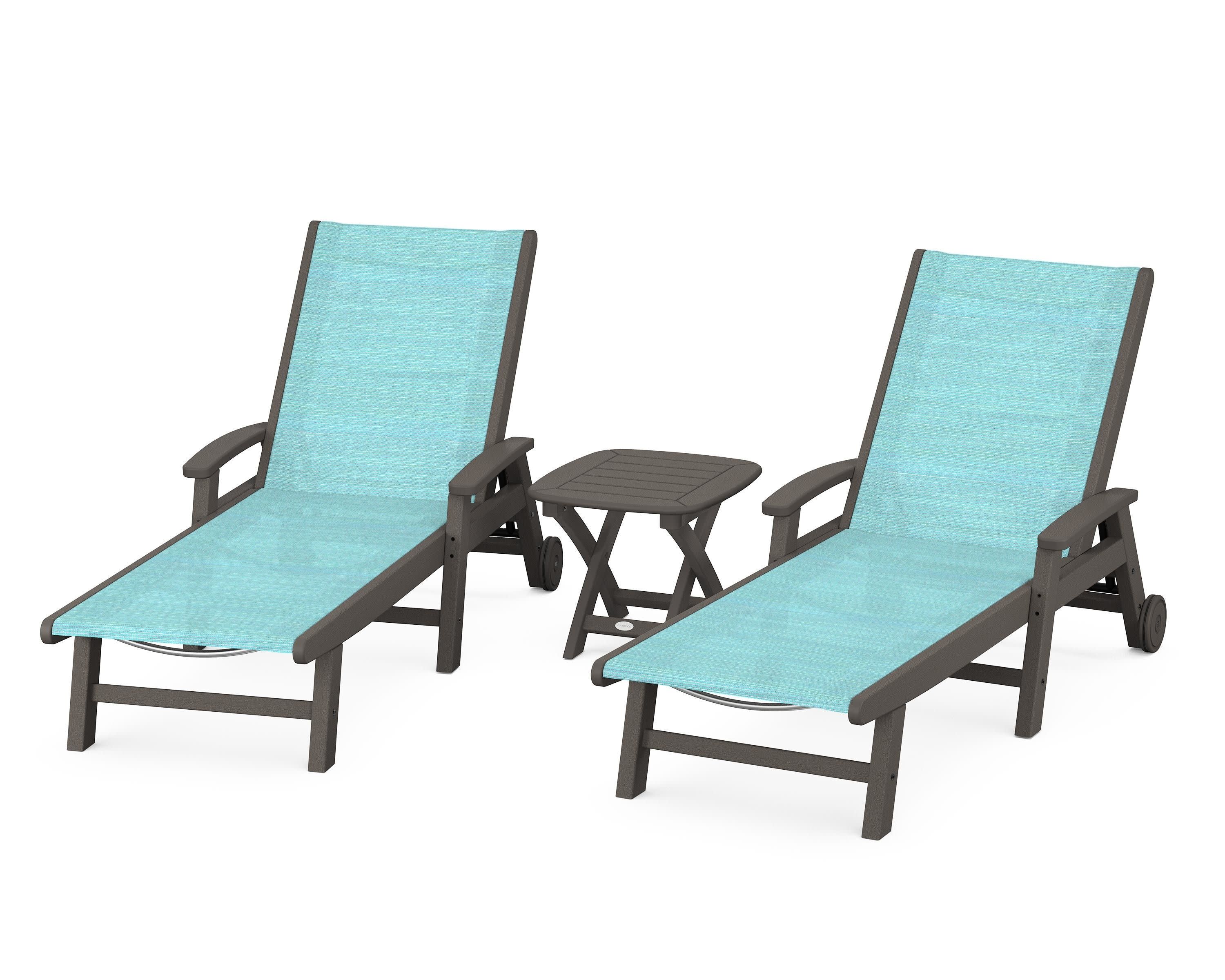 Coastal 3-Piece Wheeled Chaise Set in Vintage Coffee / Dupioni Aquamarine Sling