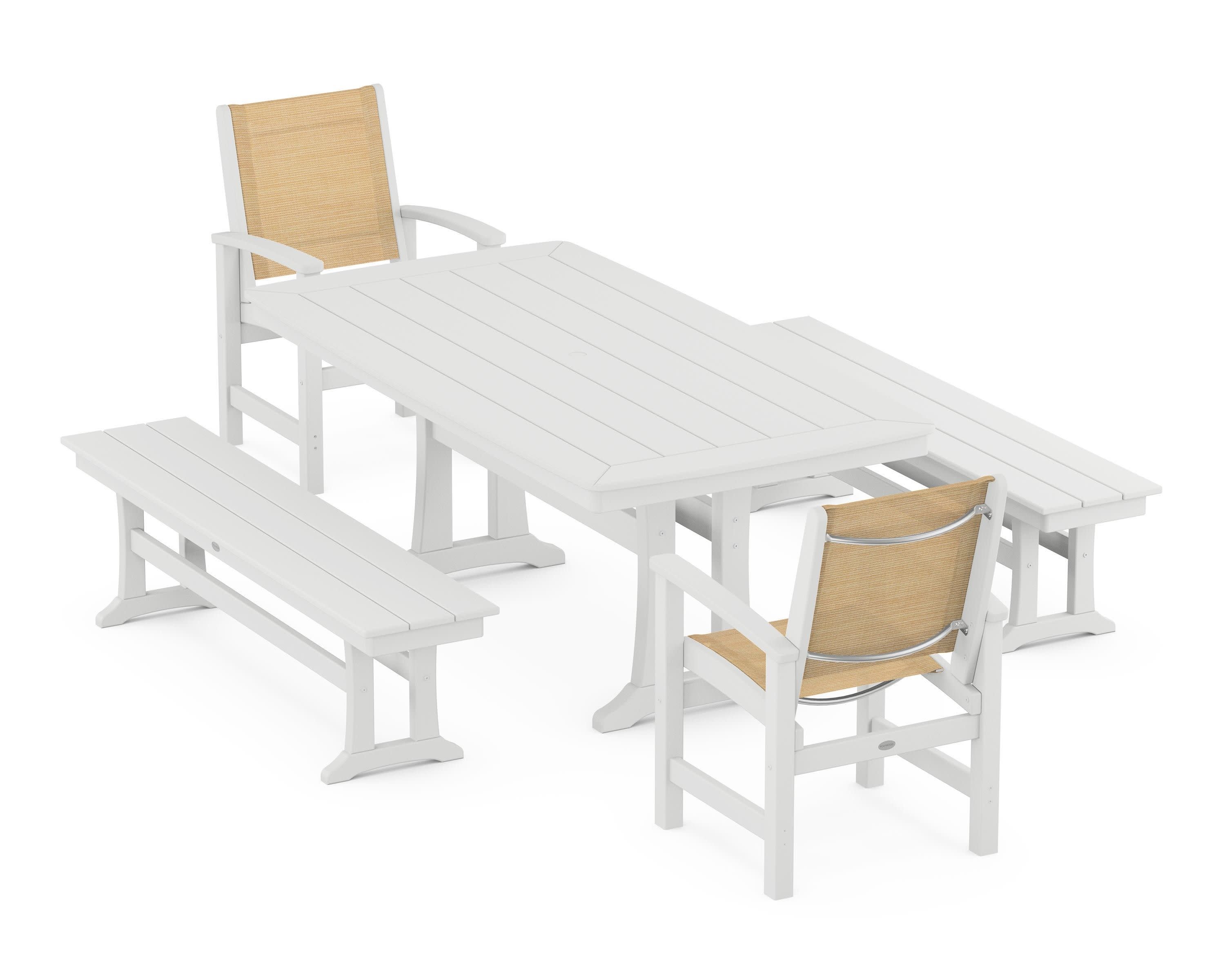 Coastal 5-Piece Dining Set with Trestle Legs and Benches in White / Dupioni Apricot Sling