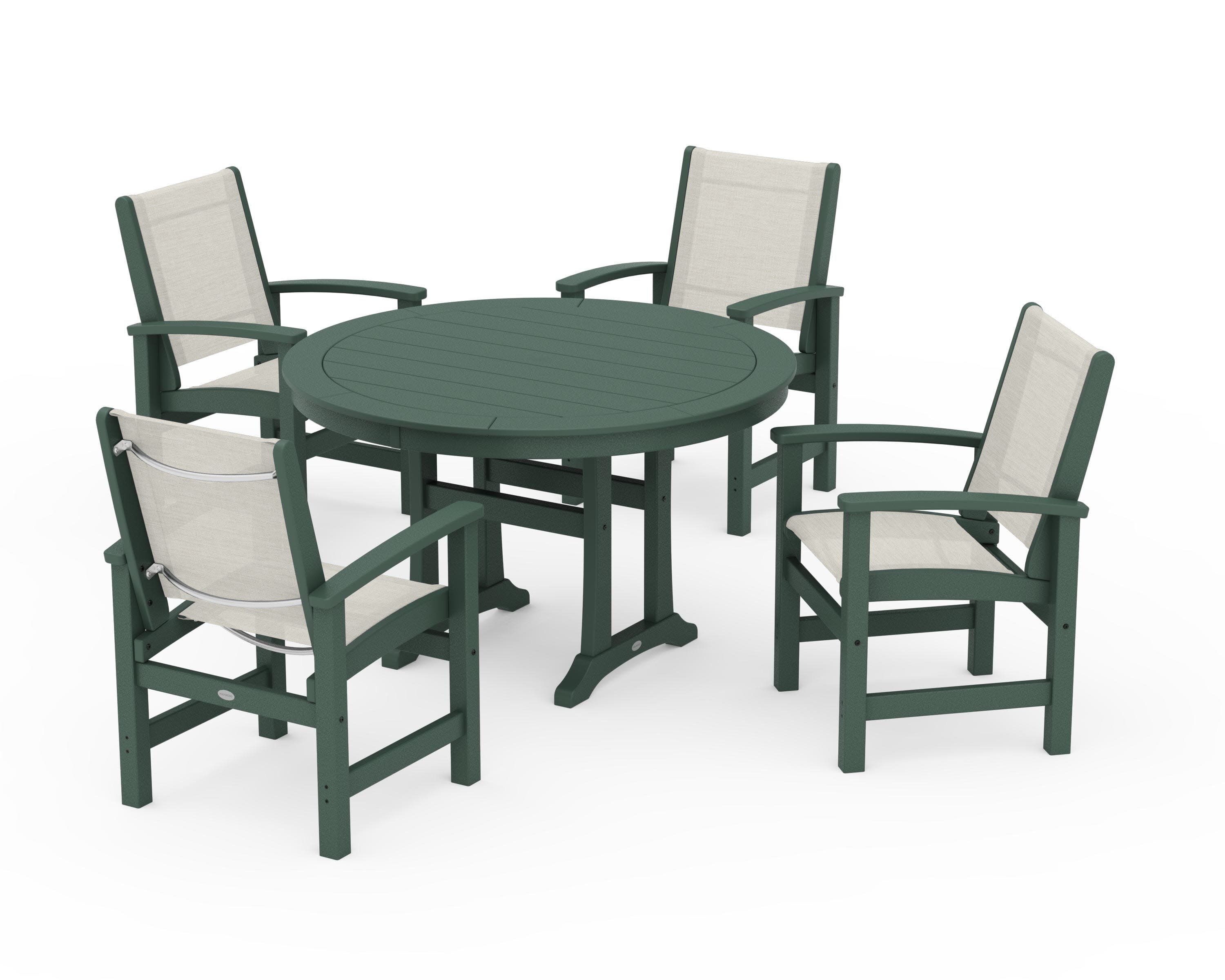 Coastal 5-Piece Round Dining Set with Trestle Legs in Green / Parchment Sling