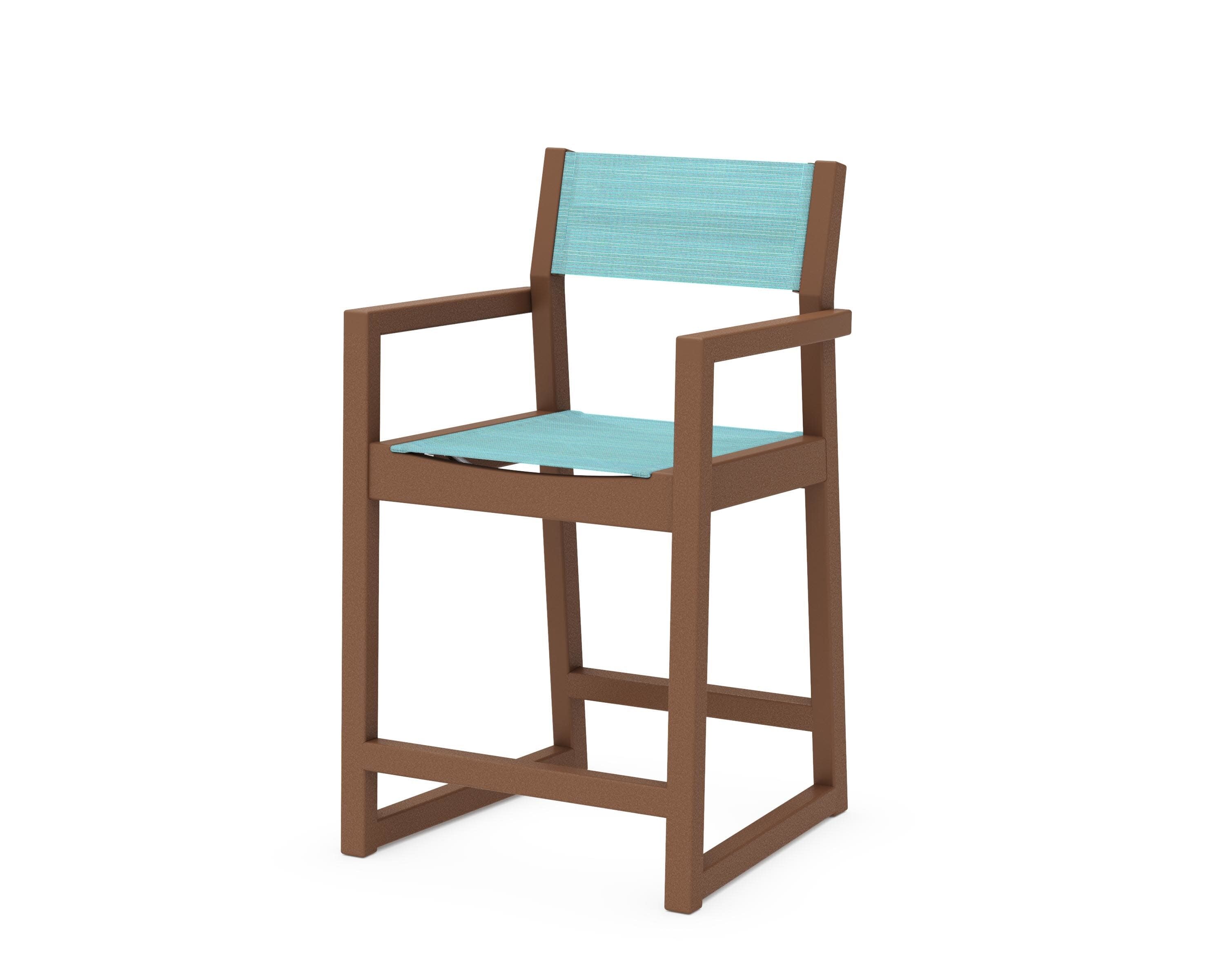 EDGE Sling Counter Arm Chair in Teak / Dupioni Aquamarine Sling