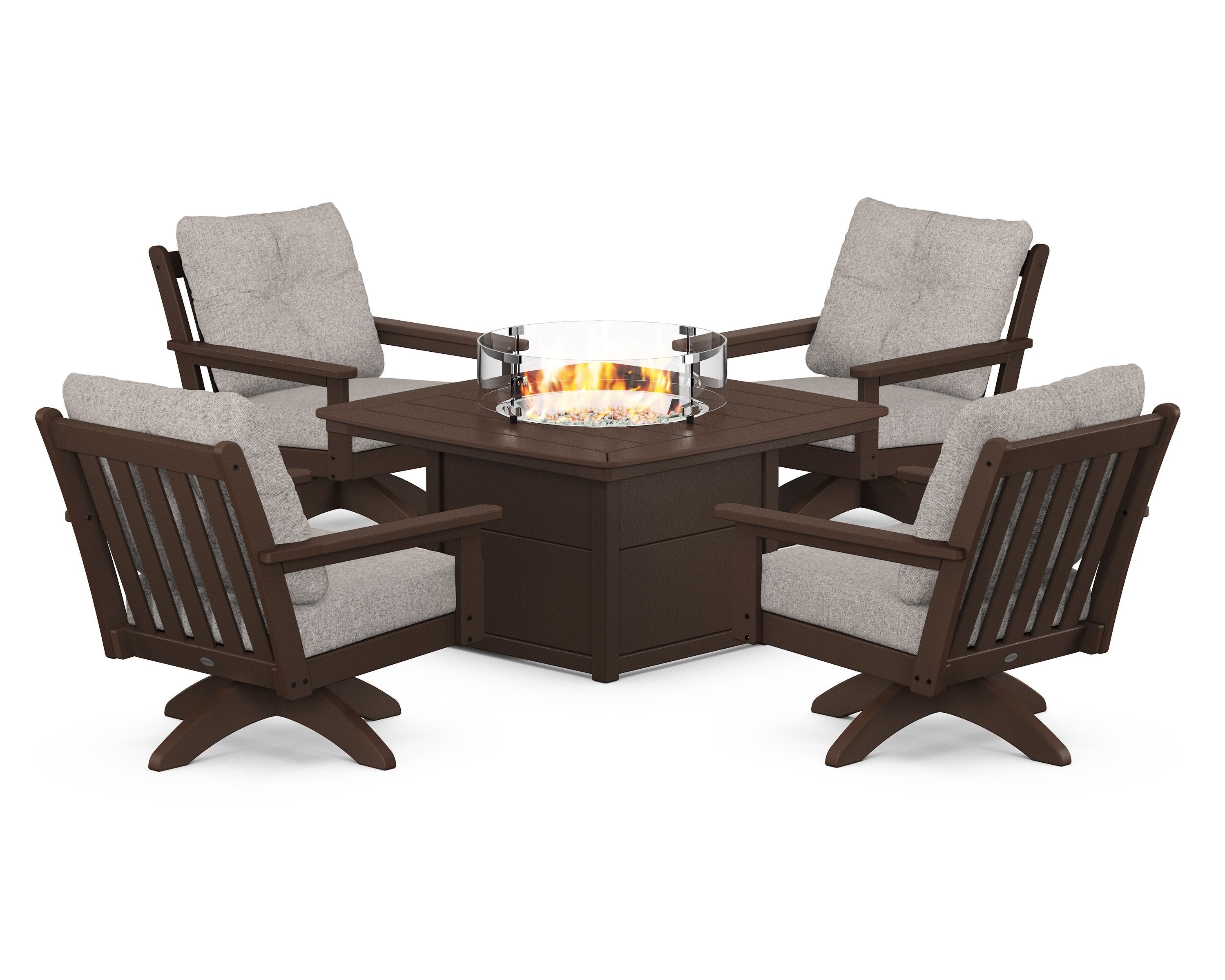 Vineyard 5-Piece Deep Seating Swivel Conversation Set with Fire Pit Table in Mahogany / Weathered Tweed