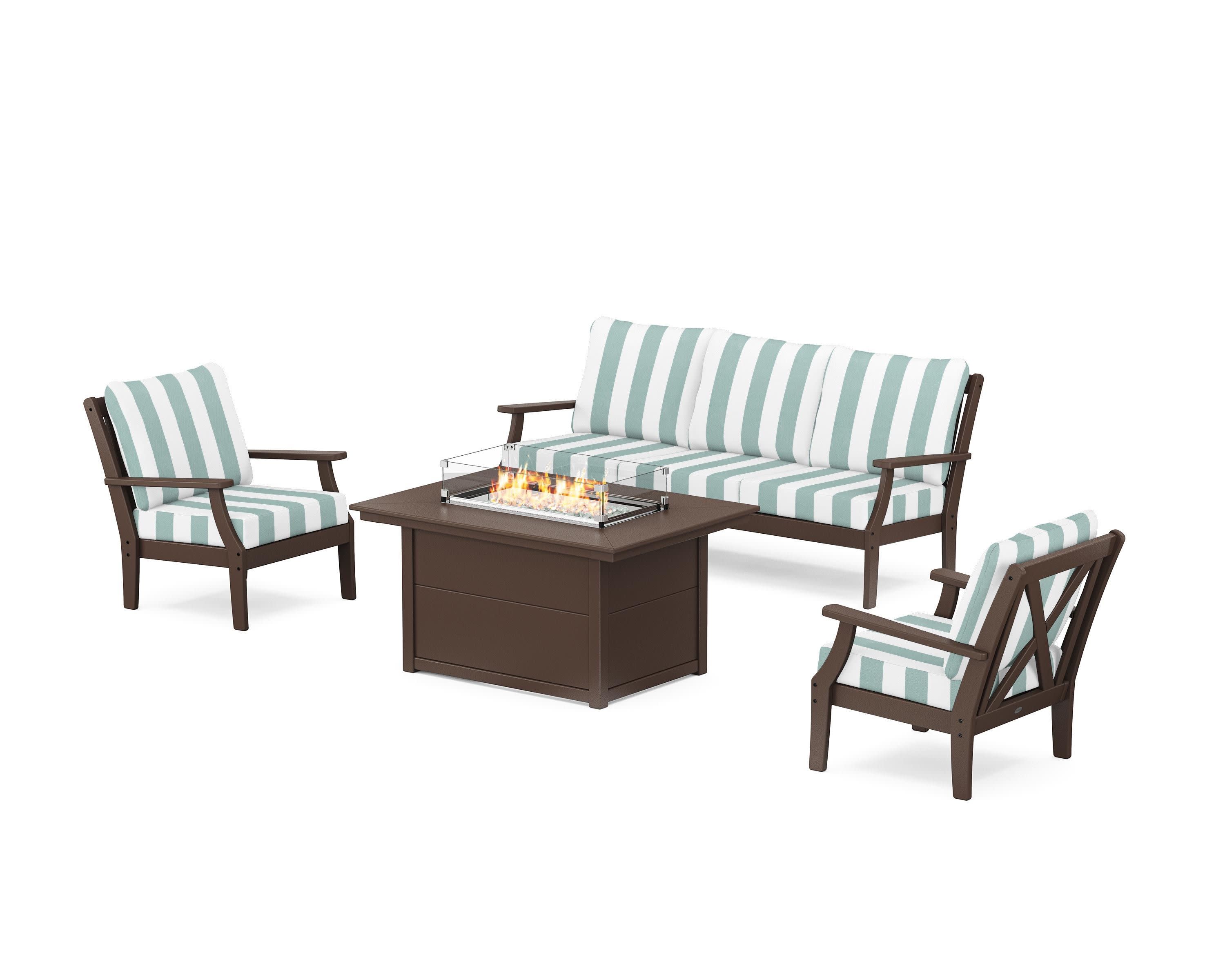 Braxton Deep Seating Fire Pit Table Set in Mahogany / Cabana Stripe Glacier Spa