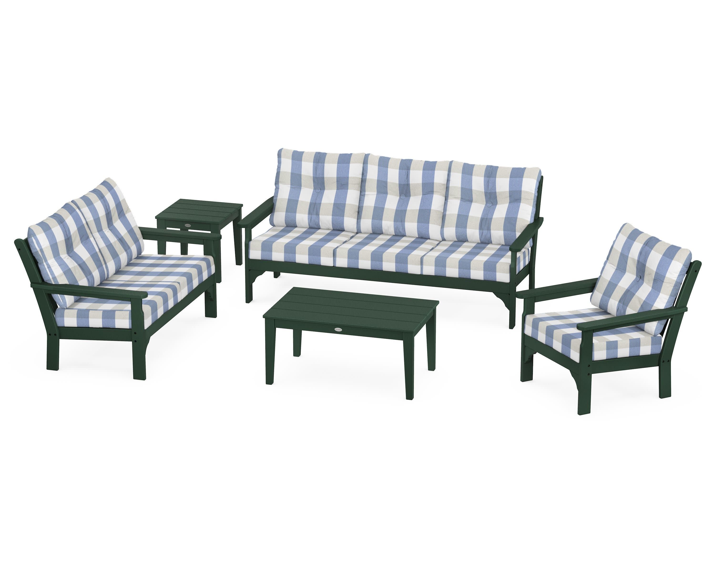 Vineyard 5 Piece Deep Seating Set in Green / Buffalo Plaid Sky Blue
