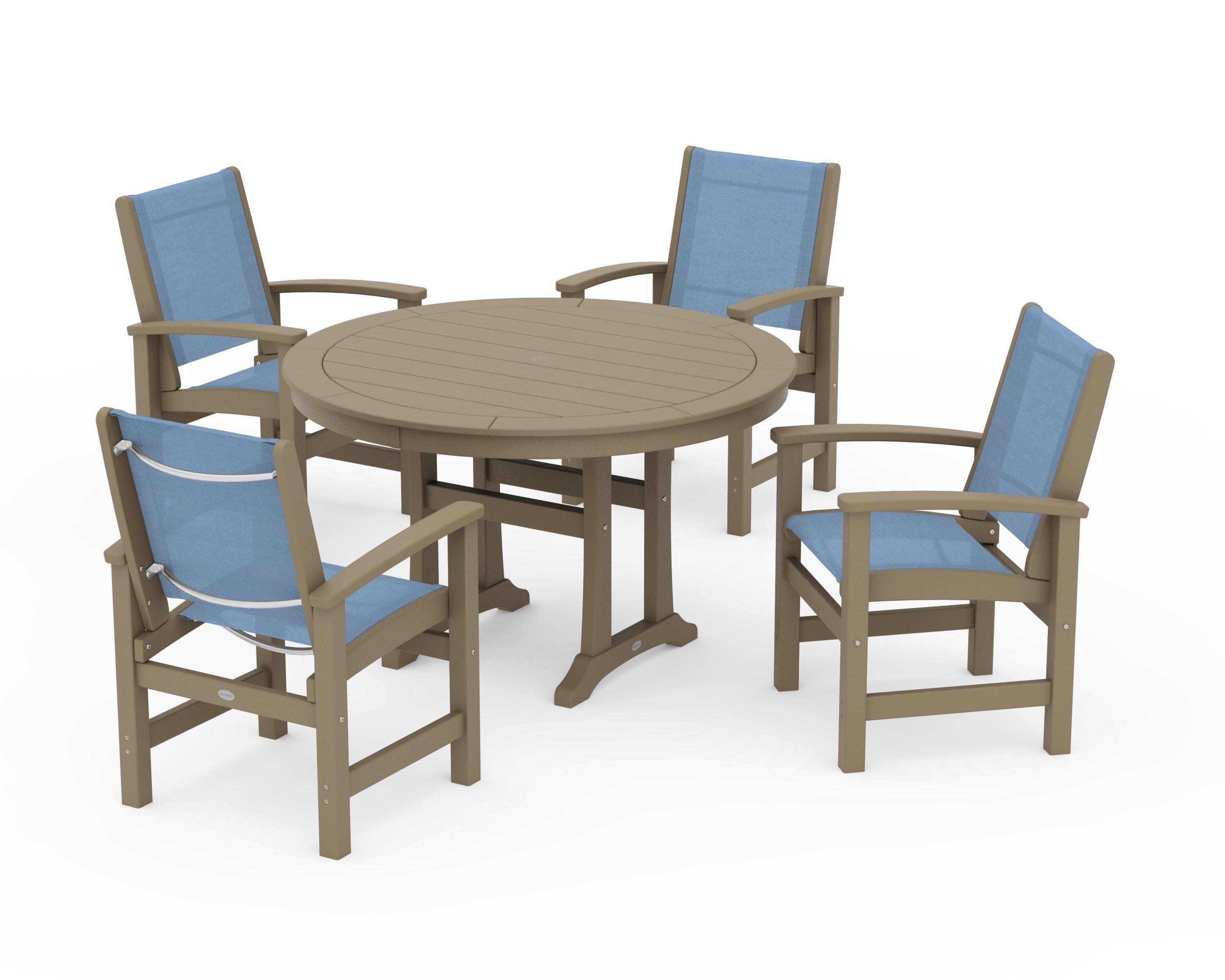 Coastal 5-Piece Round Dining Set with Trestle Legs in Vintage Sahara / Poolside Sling