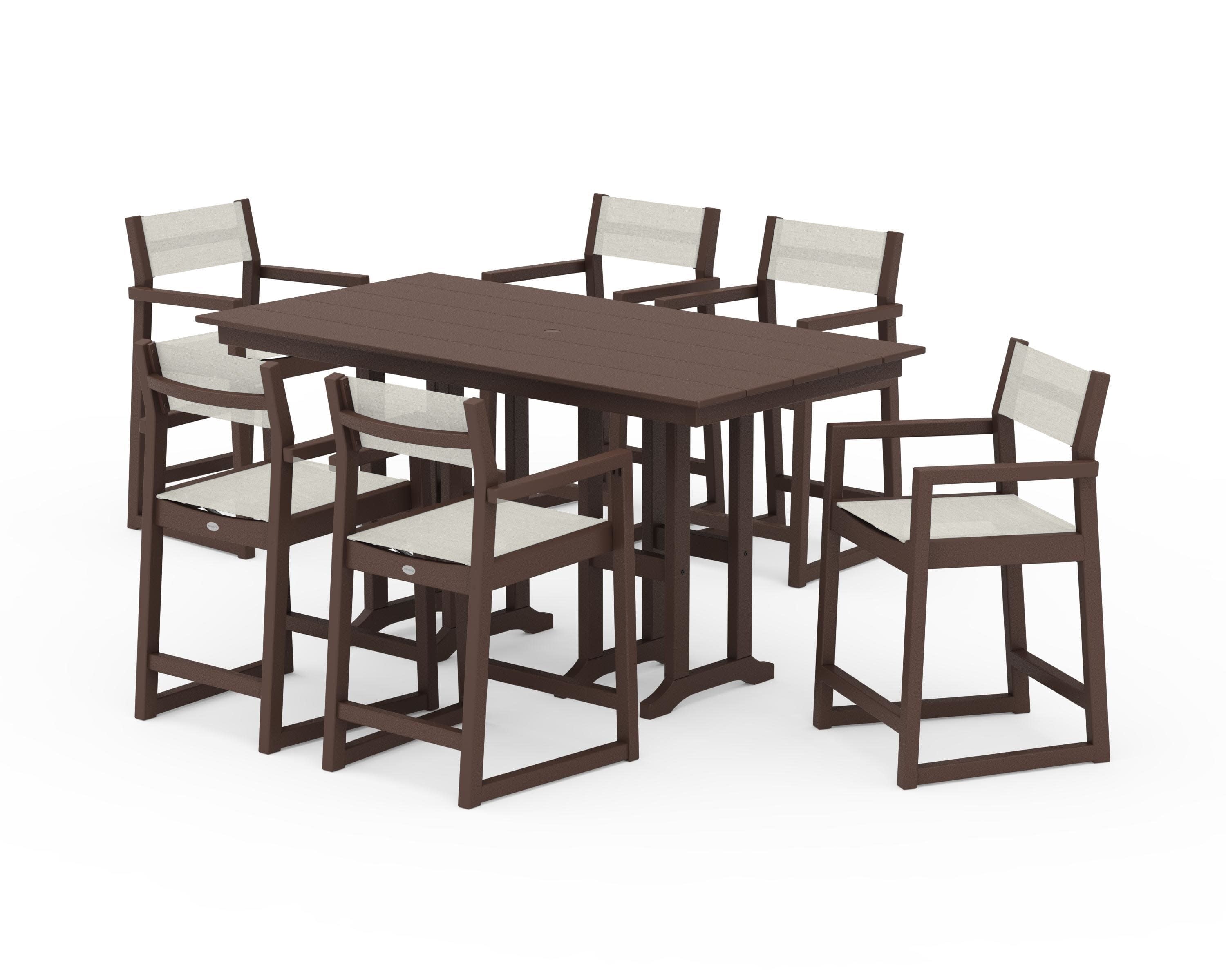 EDGE Sling Arm Chair 7-Piece Farmhouse Counter Set in Mahogany / Parchment Sling