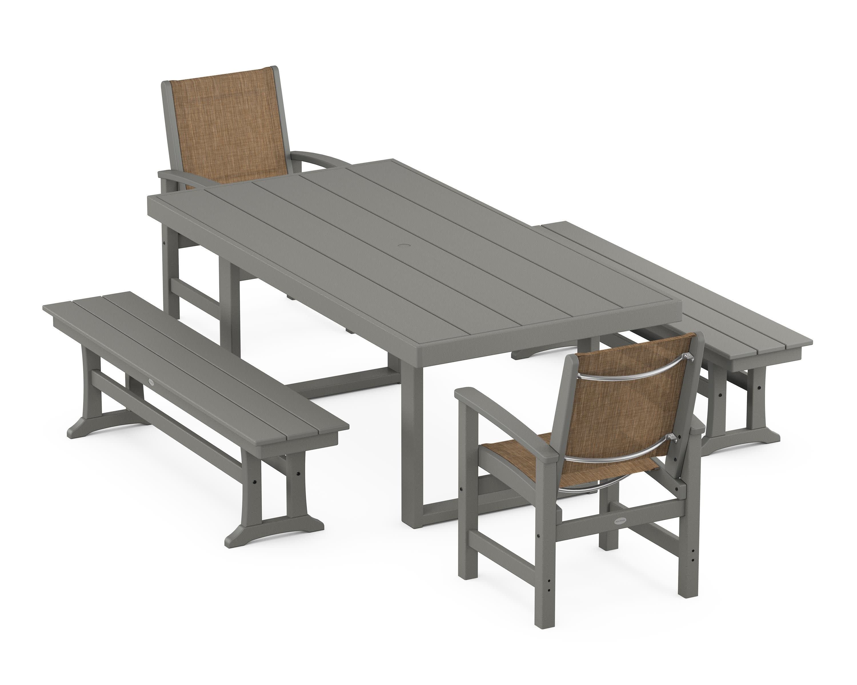 Coastal 5-Piece Dining Set with Trestle Legs in Slate Grey / Burlap Sling