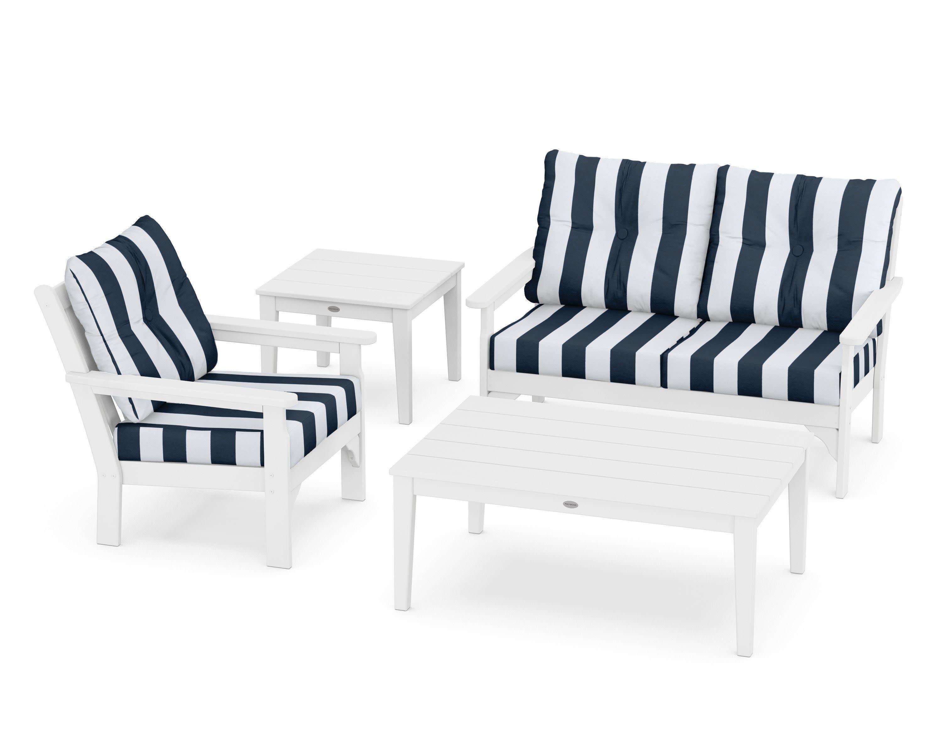 Vineyard 4-Piece Deep Seating Set in White / Cabana Stripe Marine Indigo