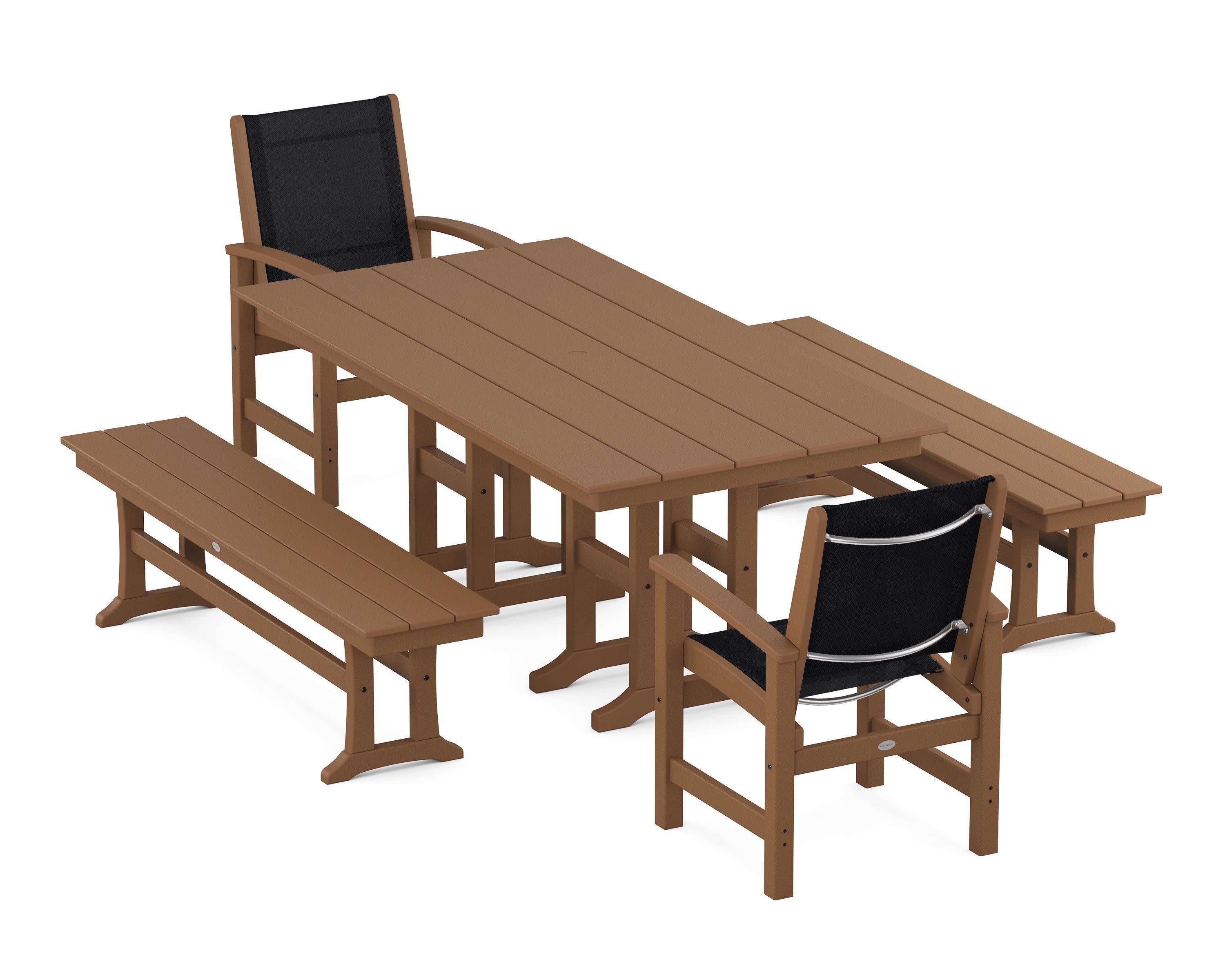 Coastal 5-Piece Farmhouse Dining Set in Teak / Black Sling