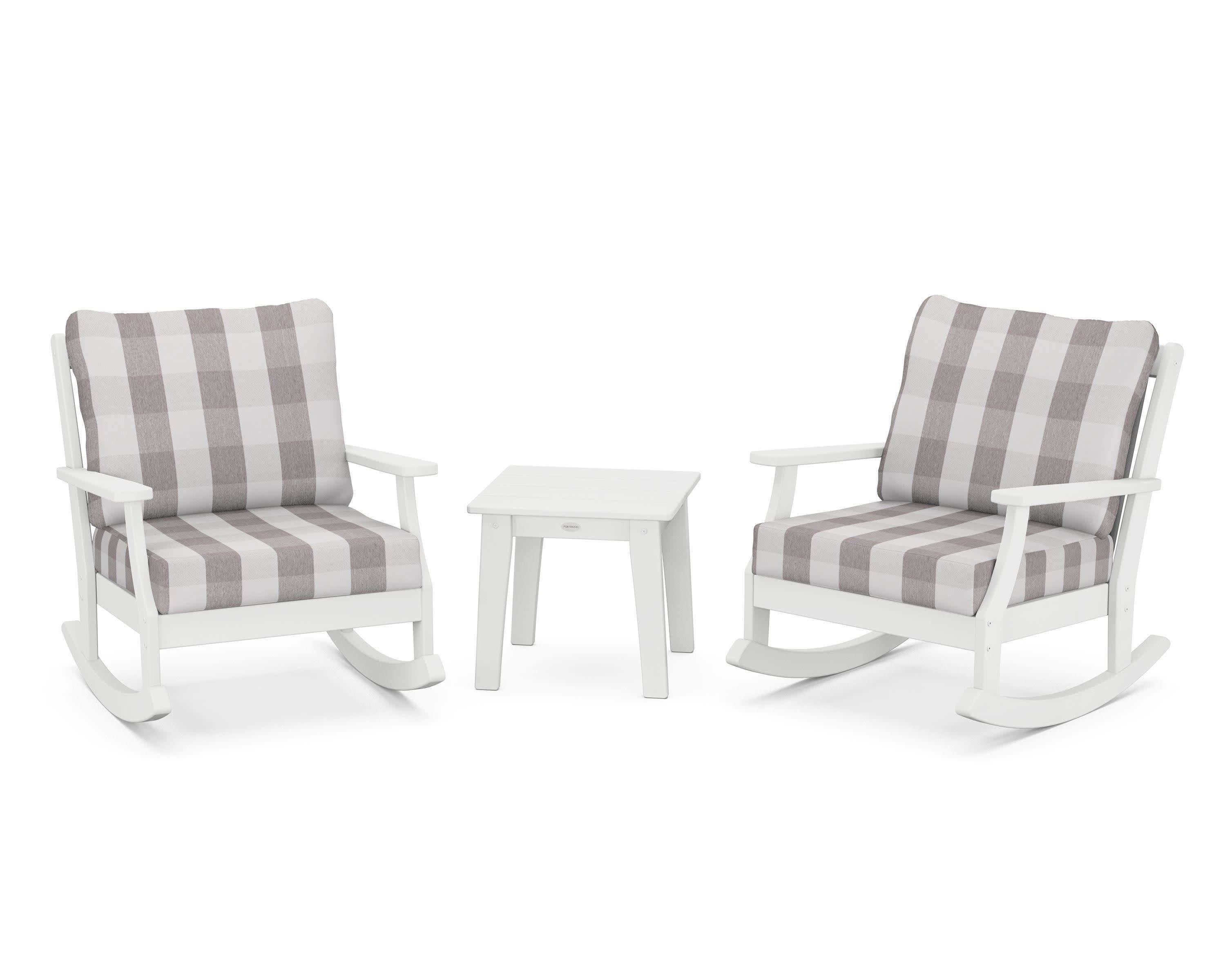 Braxton 3-Piece Deep Seating Rocker Set in White / Buffalo Plaid Grey Mist
