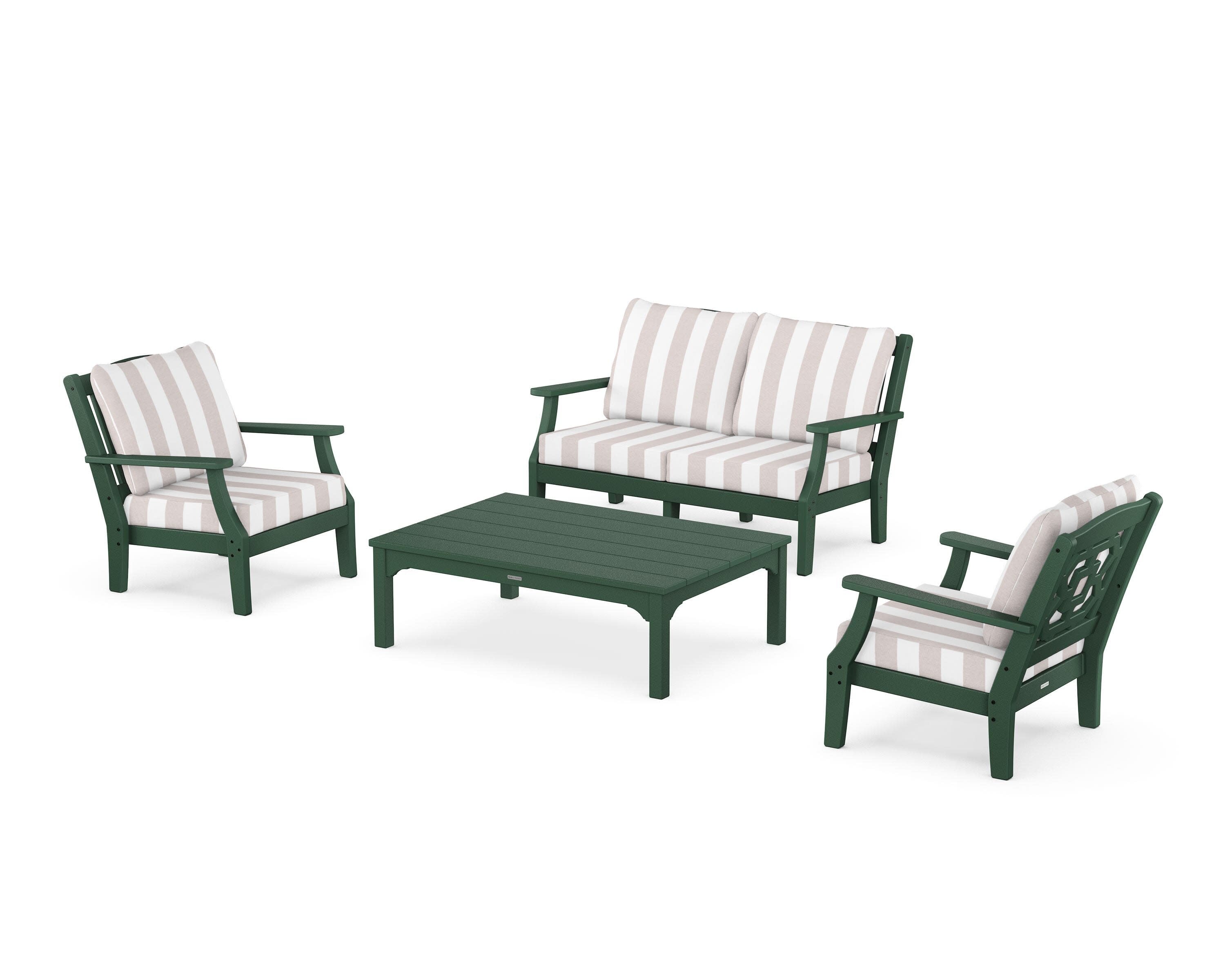 Chinoiserie 4-Piece Deep Seating Set with Loveseat in Green / Cabana Stripe Dune Burlap